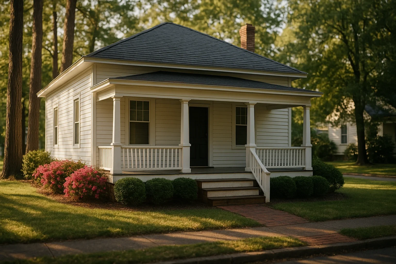 Charming cream-colored cottage with covered front porch and pink azaleas in a quiet Highland Springs neighborhood
