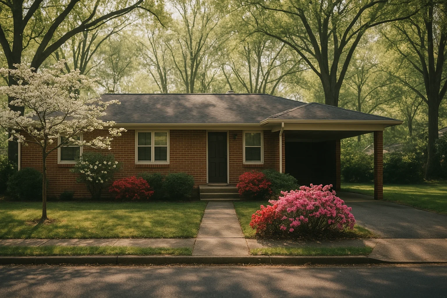 Charming brick ranch home with blooming azaleas and dogwood tree in a tree-lined West Falls Church neighborhood