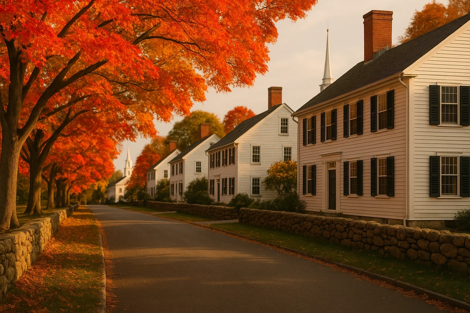Historic white colonial homes with black shutters and church steeple along tree-lined autumn street in Branford Center