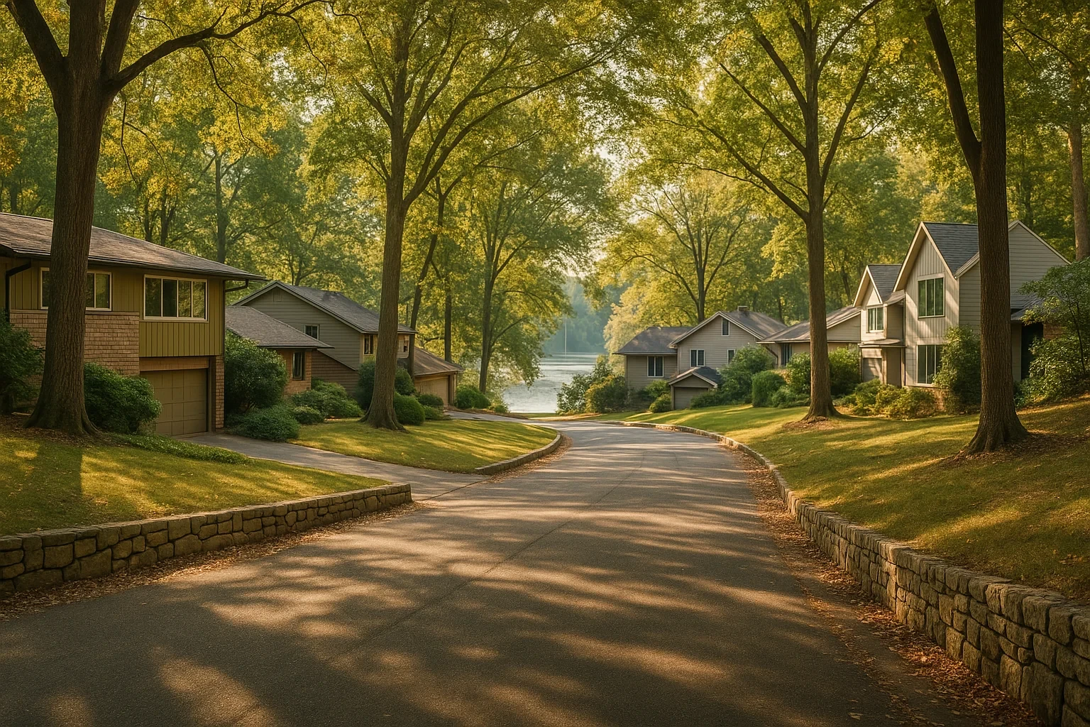 Tree-lined residential street with lakefront homes and stone retaining walls in Lake Barcroft neighborhood