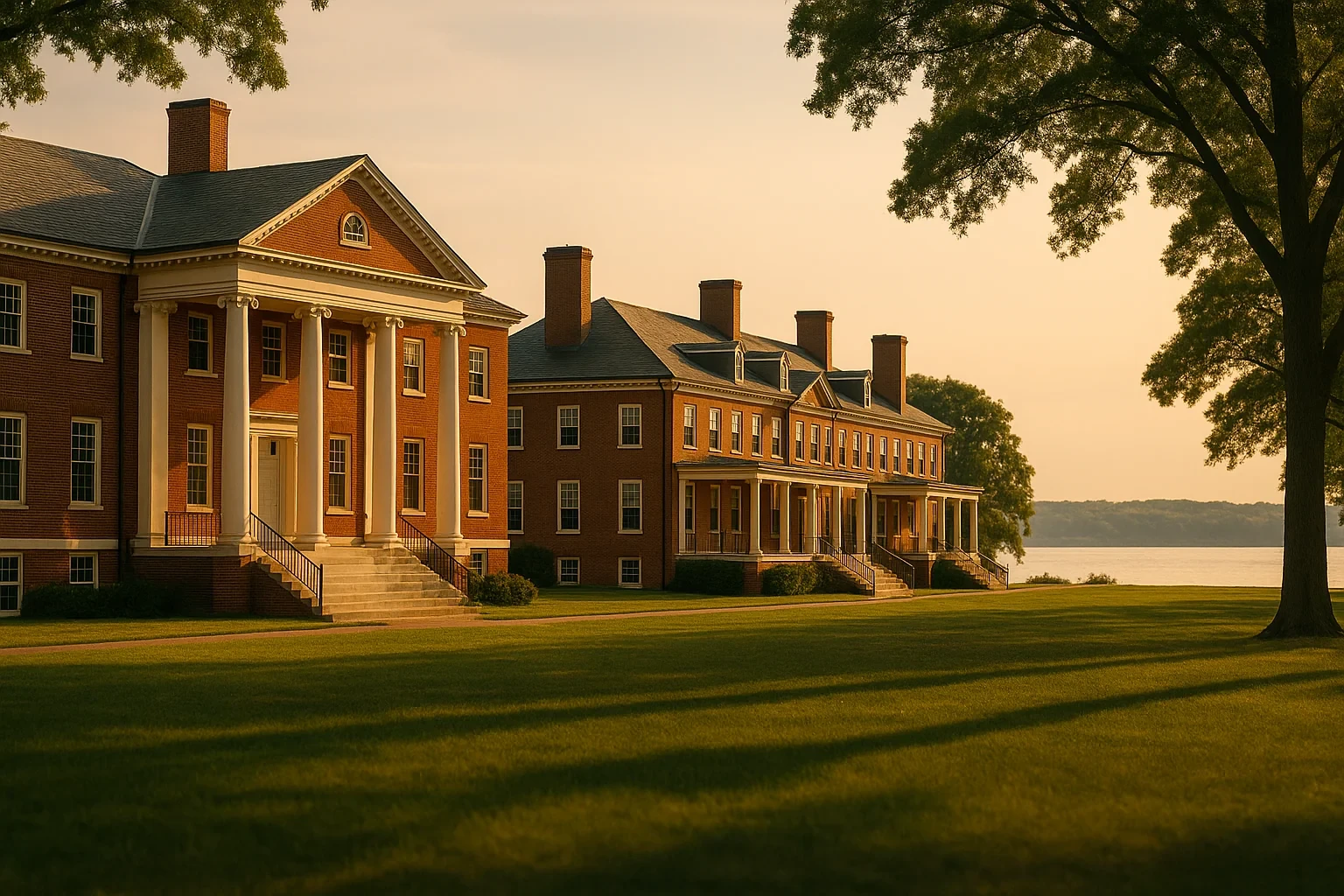 Historic brick colonial buildings with white columns along a waterfront lawn at sunset in Fort Belvoir