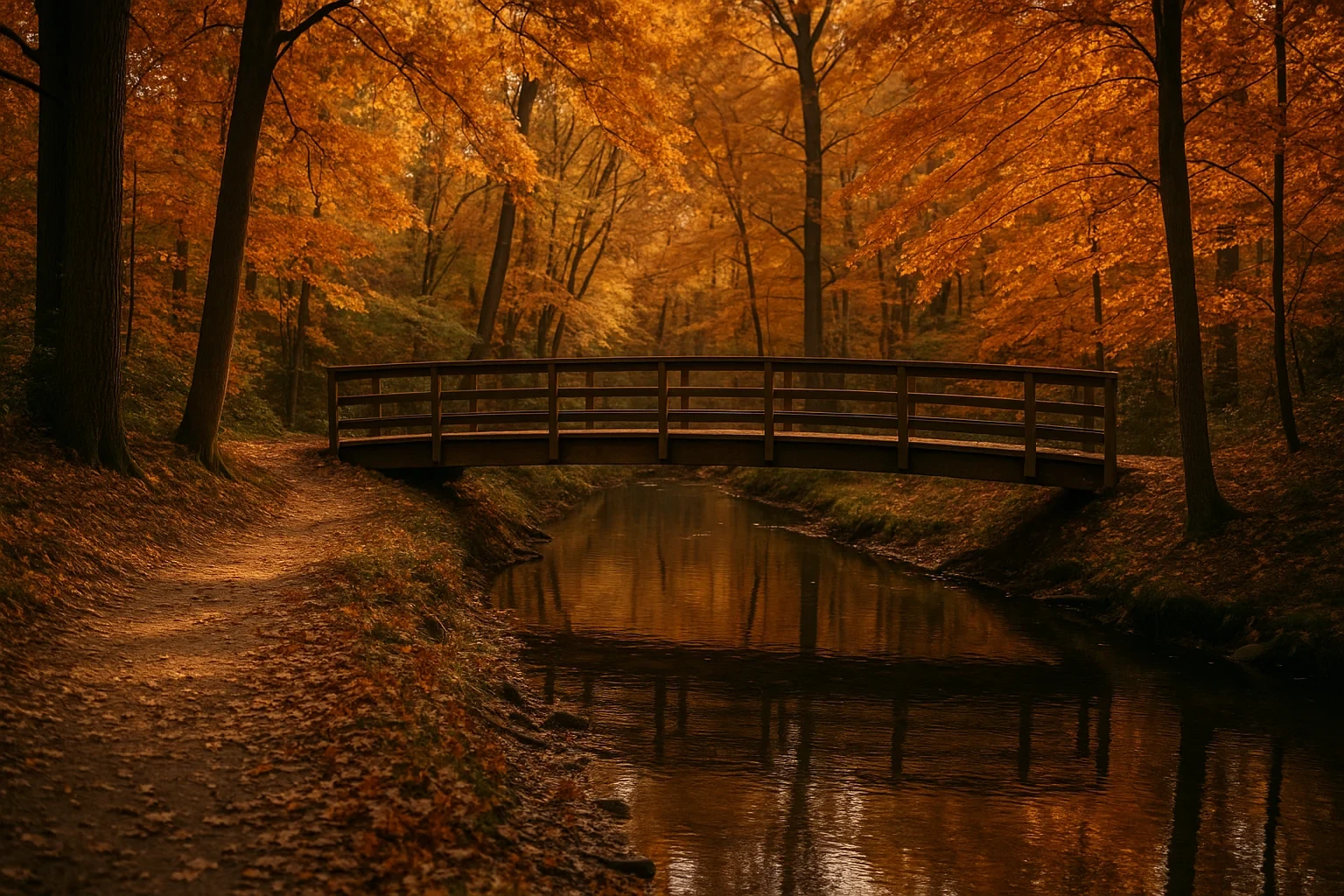 Wooden footbridge over a calm stream surrounded by golden autumn trees near Long Branch
