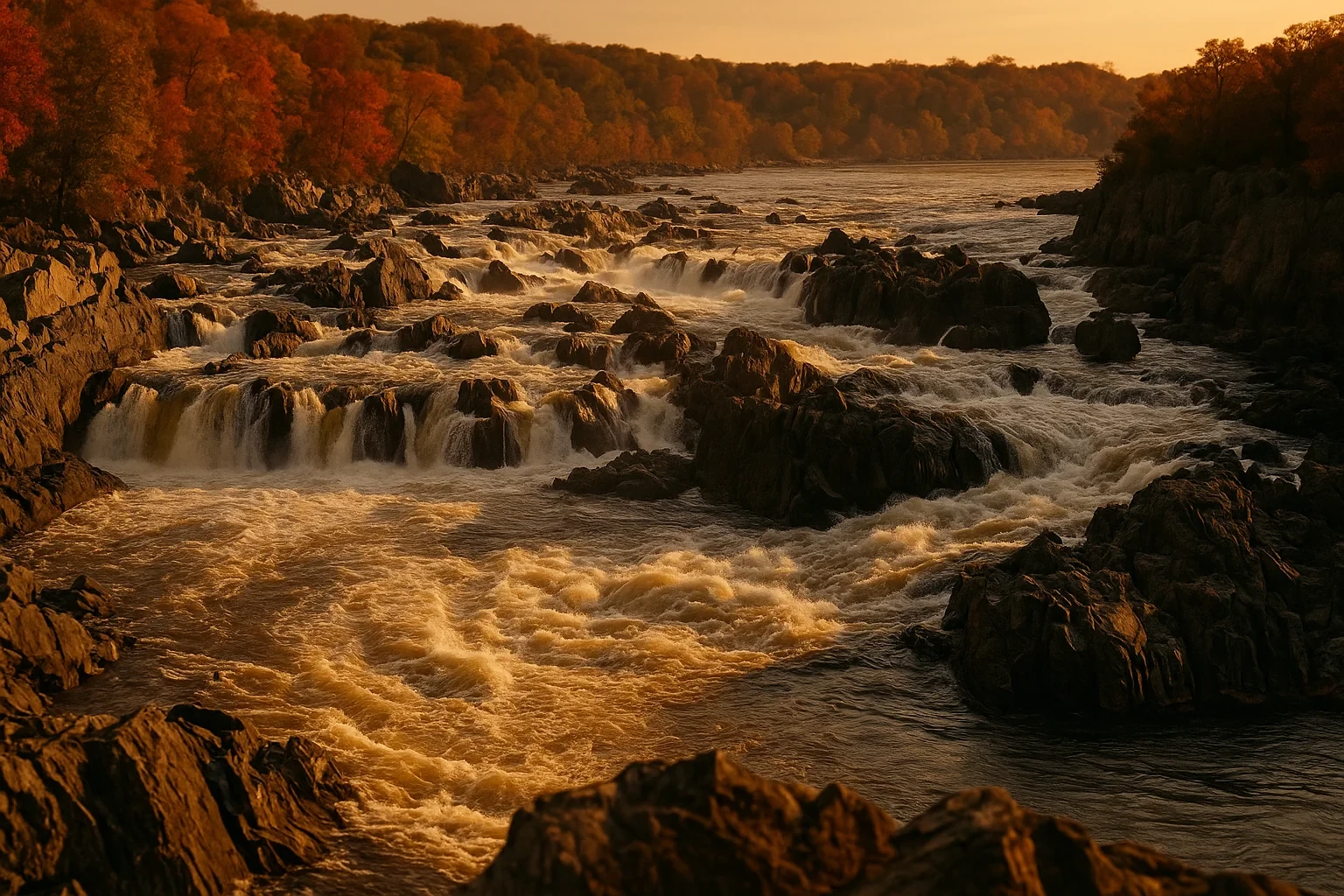 Cascading waterfalls over rocky terrain along the Potomac River at sunset near Dranesville in autumn