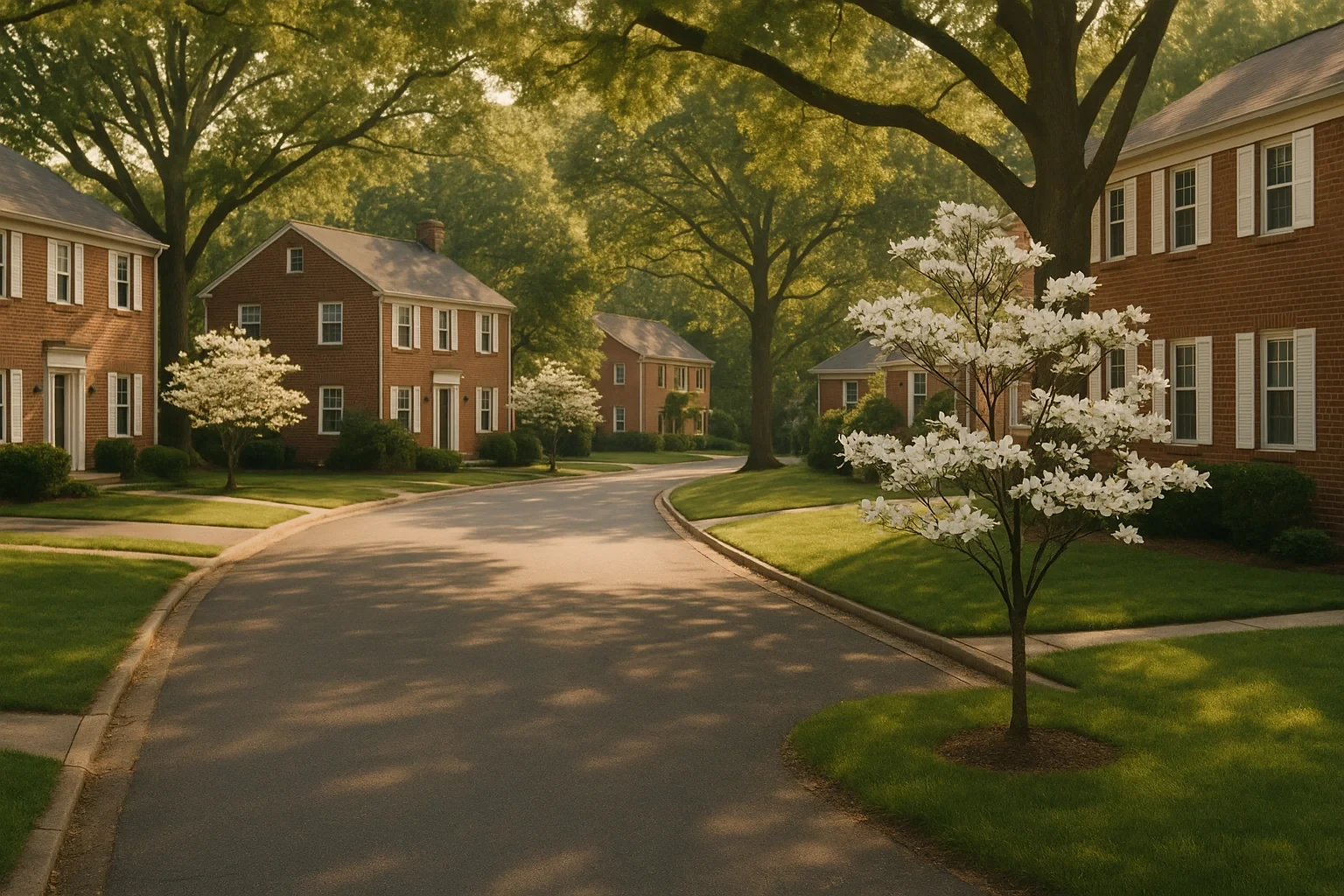 Quiet tree-lined street with brick colonial homes and blooming dogwoods in a Hayfield neighborhood