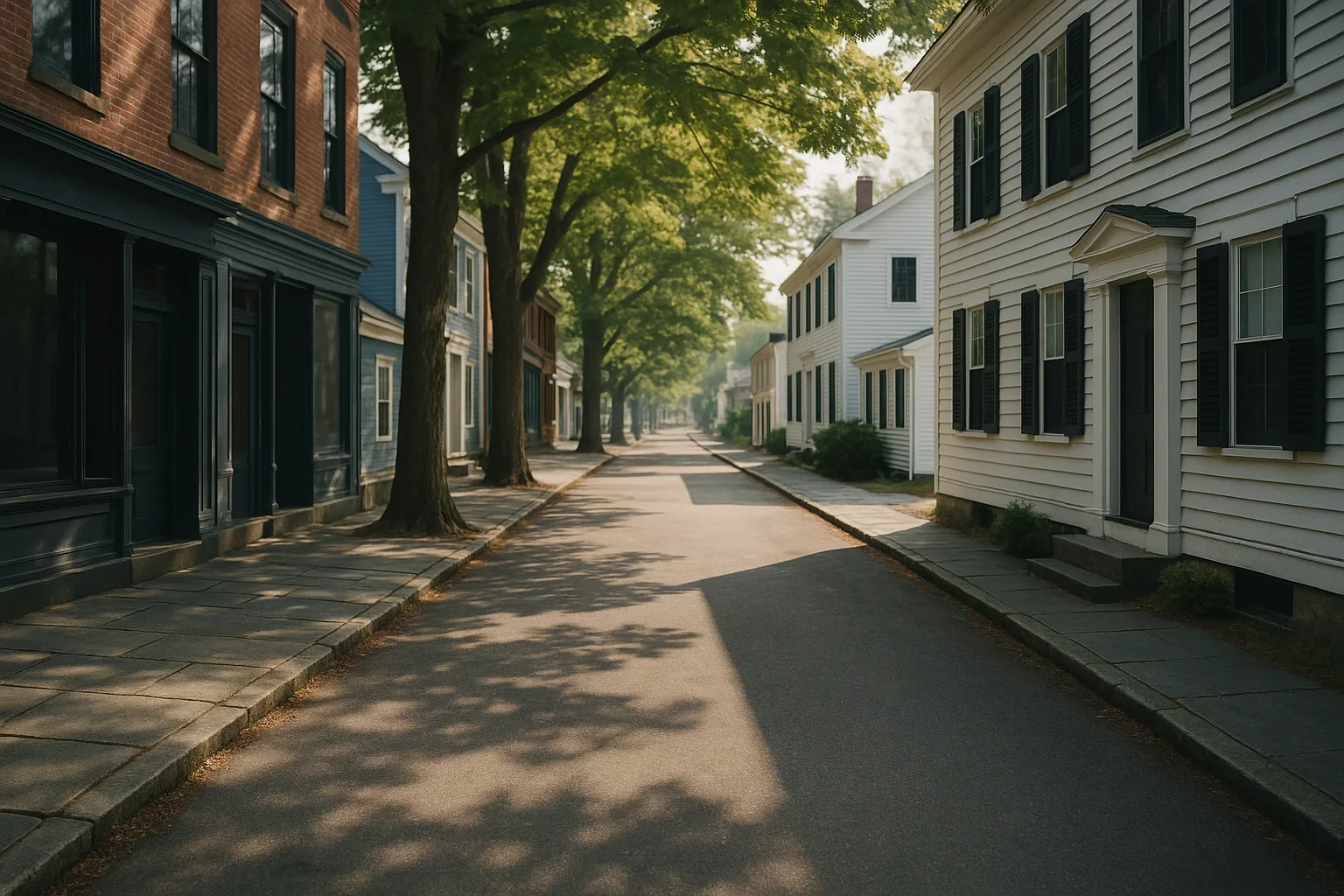 Tree-lined residential street with historic clapboard homes and brick buildings in Jewett City neighborhood