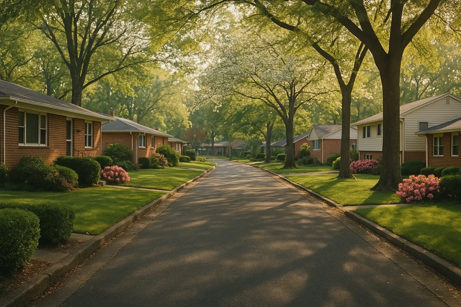 Tree-lined residential street with brick homes and blooming pink azaleas in a Hybla Valley neighborhood