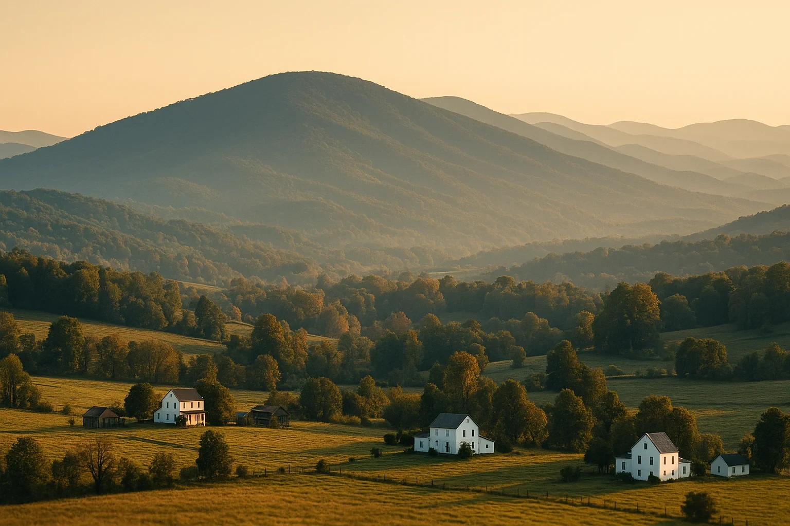Rolling Blue Ridge mountains at golden hour with white farmhouses dotting pastures near Wytheville