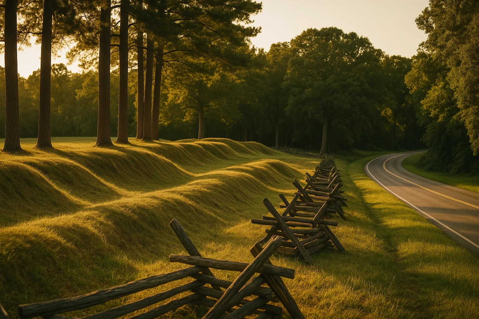 Historic earthwork mounds and wooden barriers along a tree-lined country road at sunset in Sandston