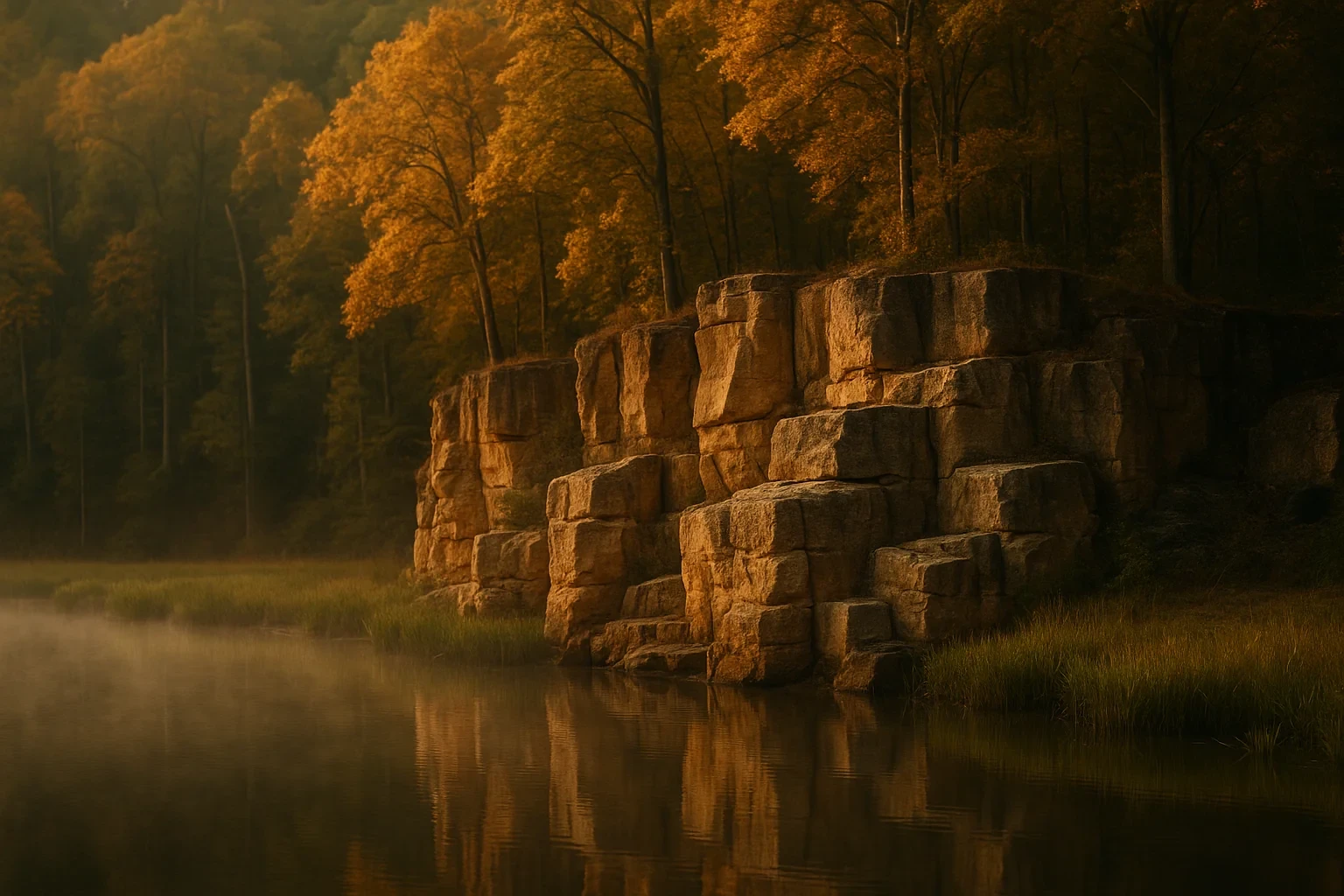 Golden sunlight illuminates rocky cliffs and autumn trees reflected in a misty lake near Triangle