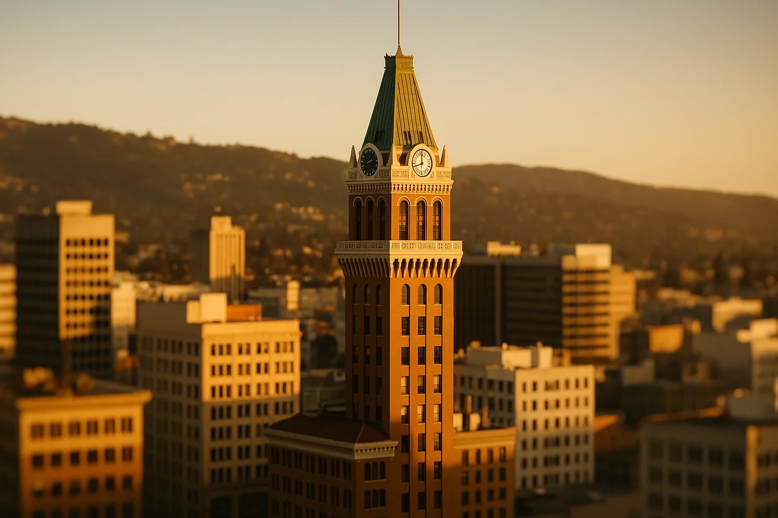 Golden hour light on the historic clock tower and downtown Oakland skyline with rolling hills behind.
