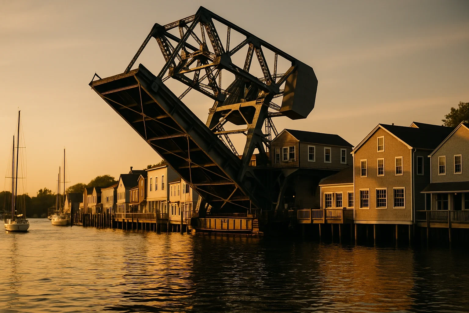 Raised drawbridge over harbor at sunset with sailboats and waterfront homes in Groton