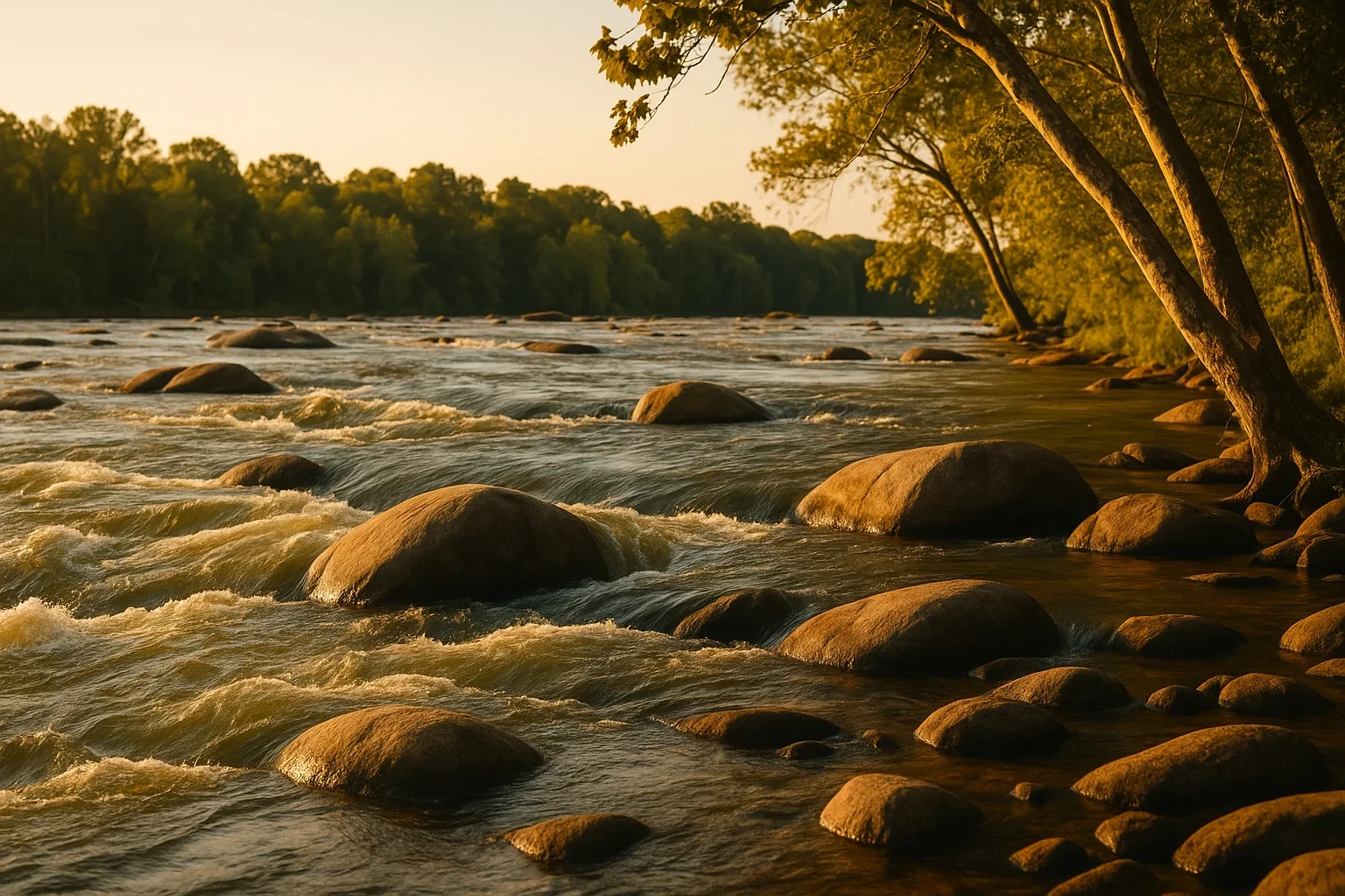 Sunset golden light over a rocky river with rapids and tree-lined banks near Montrose