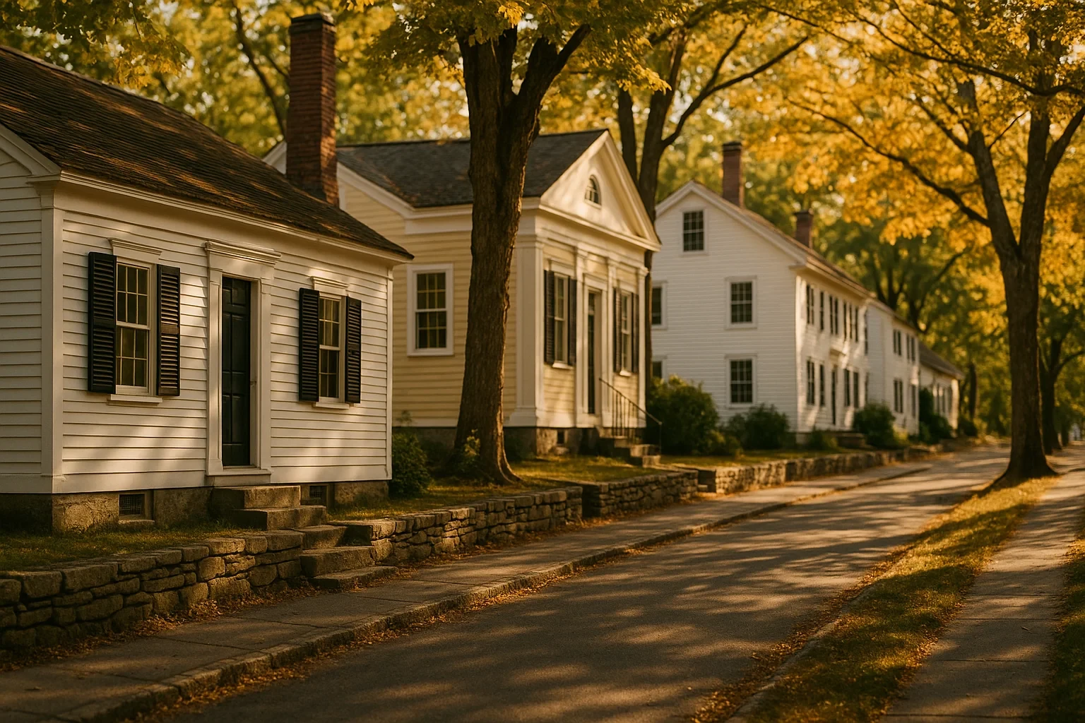 Historic white clapboard homes with black shutters line a tree-shaded street in Collinsville at golden hour
