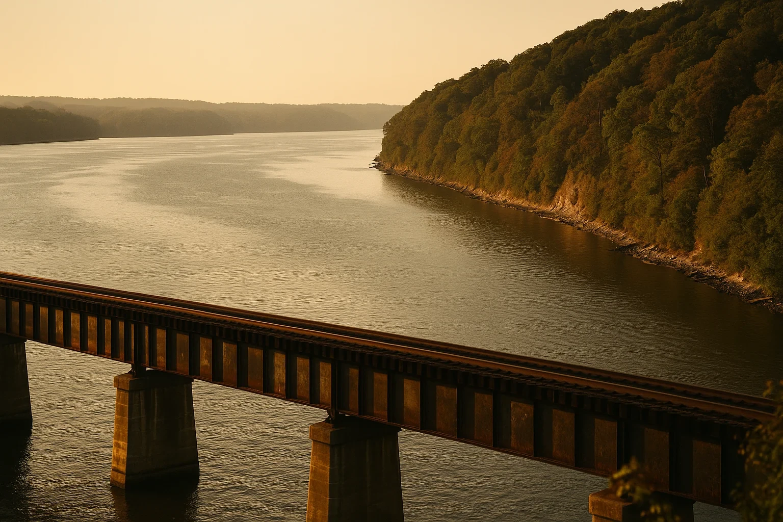 Railroad bridge spanning a calm river at golden hour with forested hillside near Quantico Base