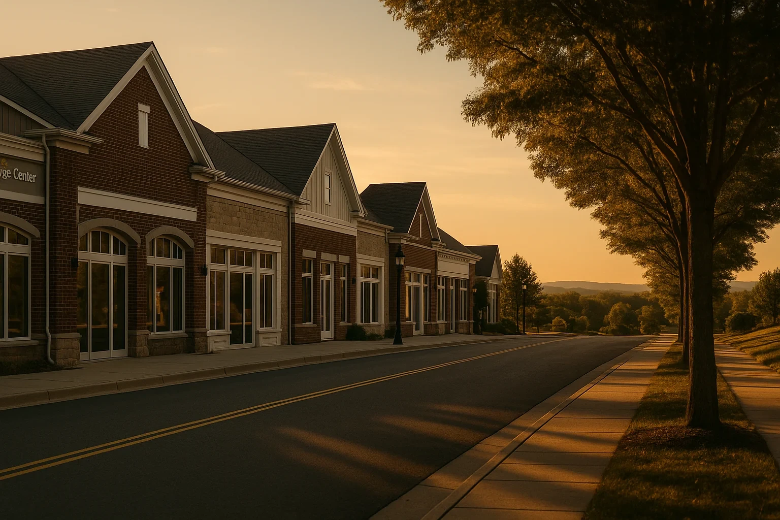Brick storefronts with gabled roofs line a quiet tree-lined street at golden hour in Stone Ridge.