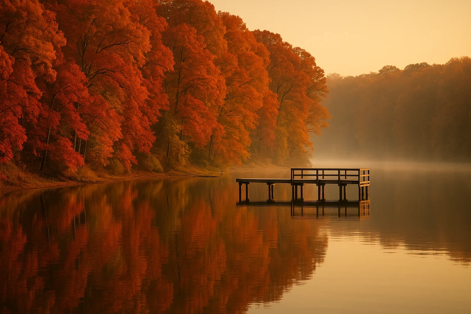 Misty autumn lake at sunrise with vibrant orange foliage and a wooden dock reflecting in Fairfax Station waters