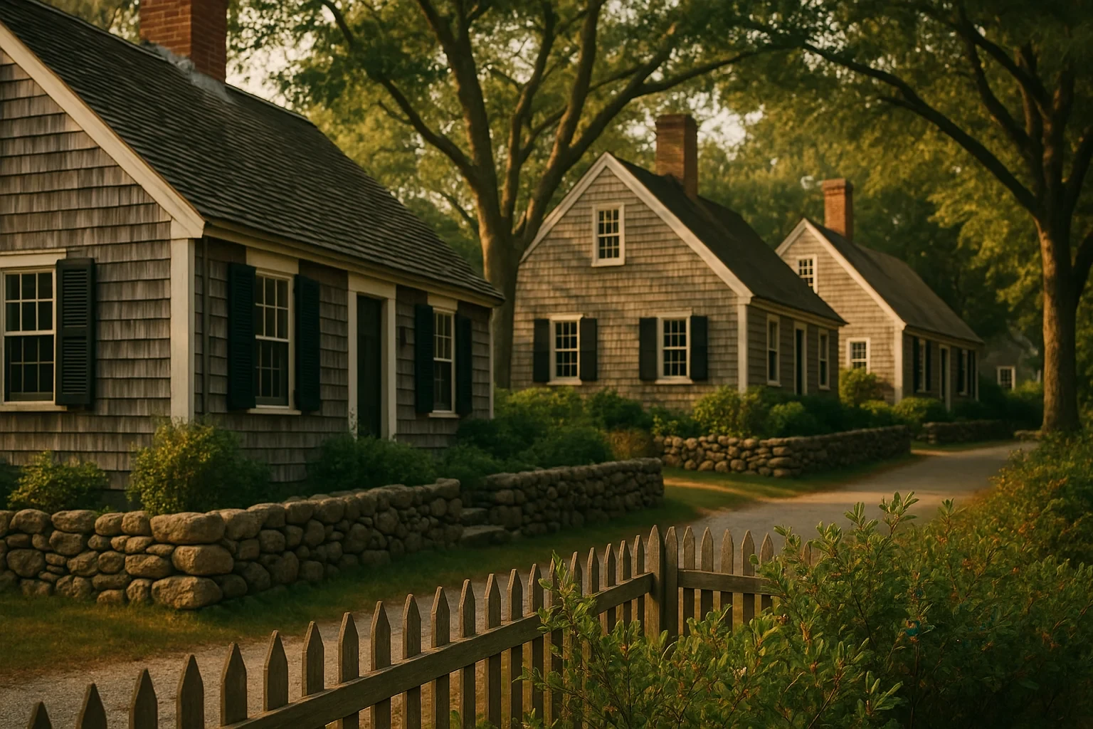 Historic shingled cape cod homes with black shutters and stone walls line a quiet Old Mystic neighborhood street