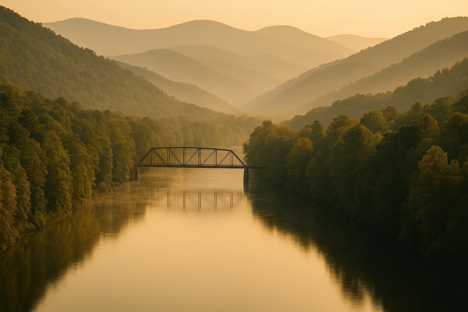 Misty mountain landscape with a steel truss bridge over a calm river at golden hour near Galax