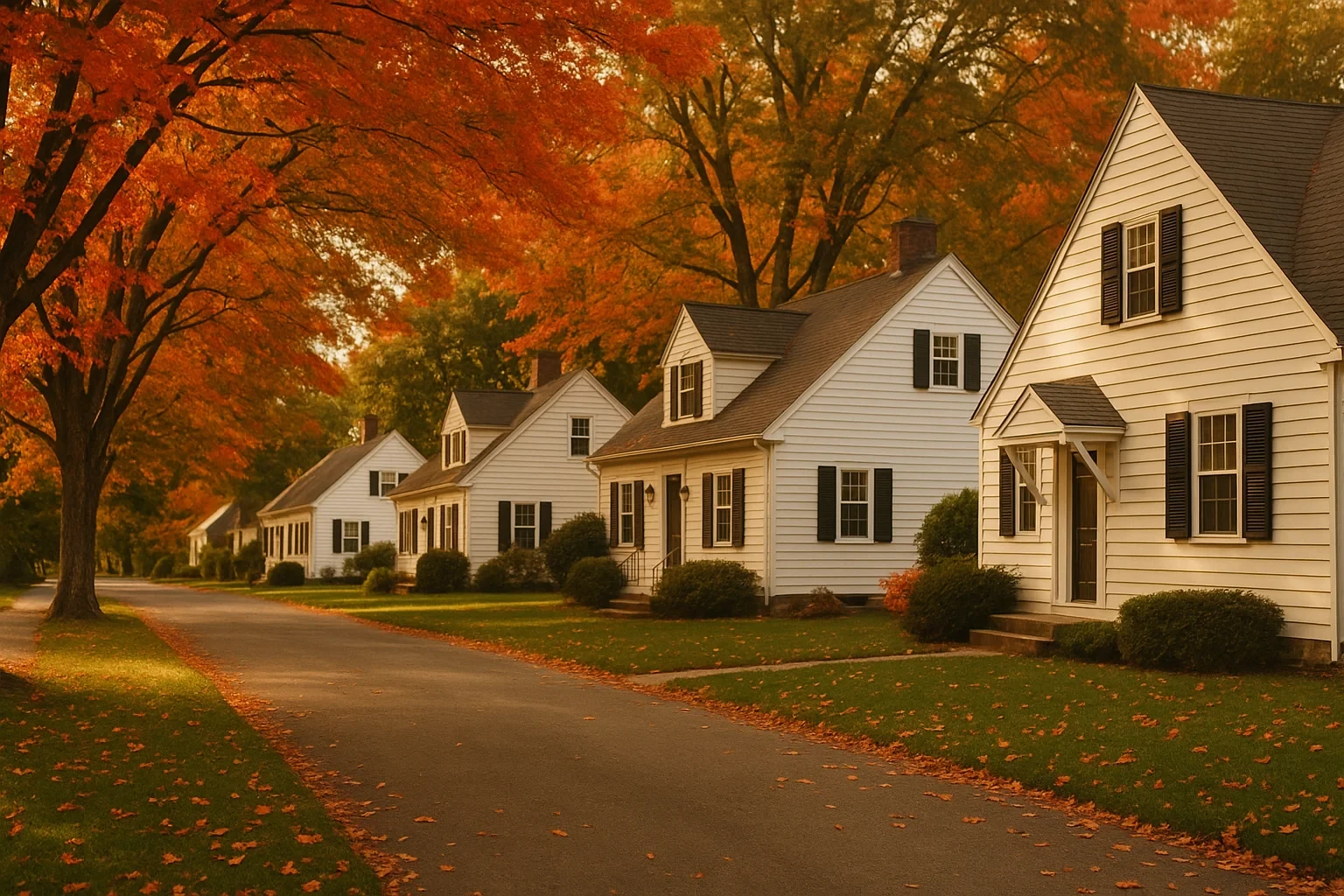 Charming white Cape Cod homes lining a tree-shaded street with vibrant autumn foliage in Rocky Hill