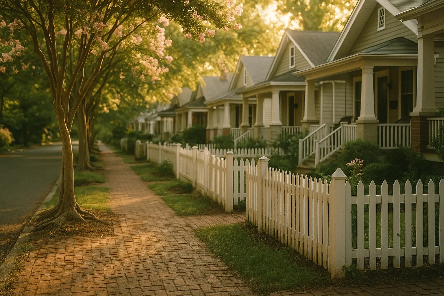 Tree-lined sidewalk with white picket fences and craftsman bungalow homes at golden hour in Alexandria