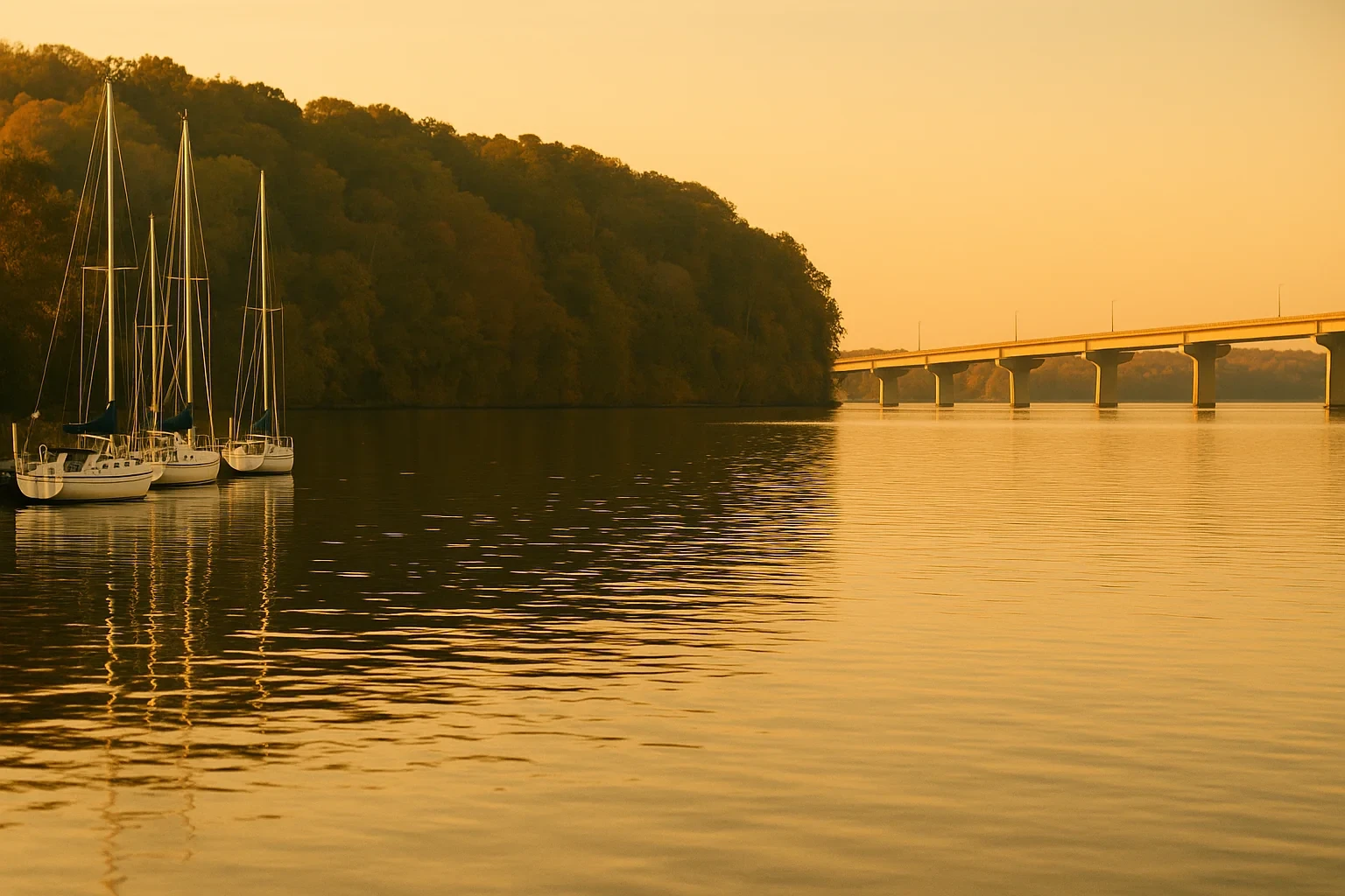 Sailboats moored near a wooded shoreline at golden sunset with a long bridge spanning the river in Woodbridge