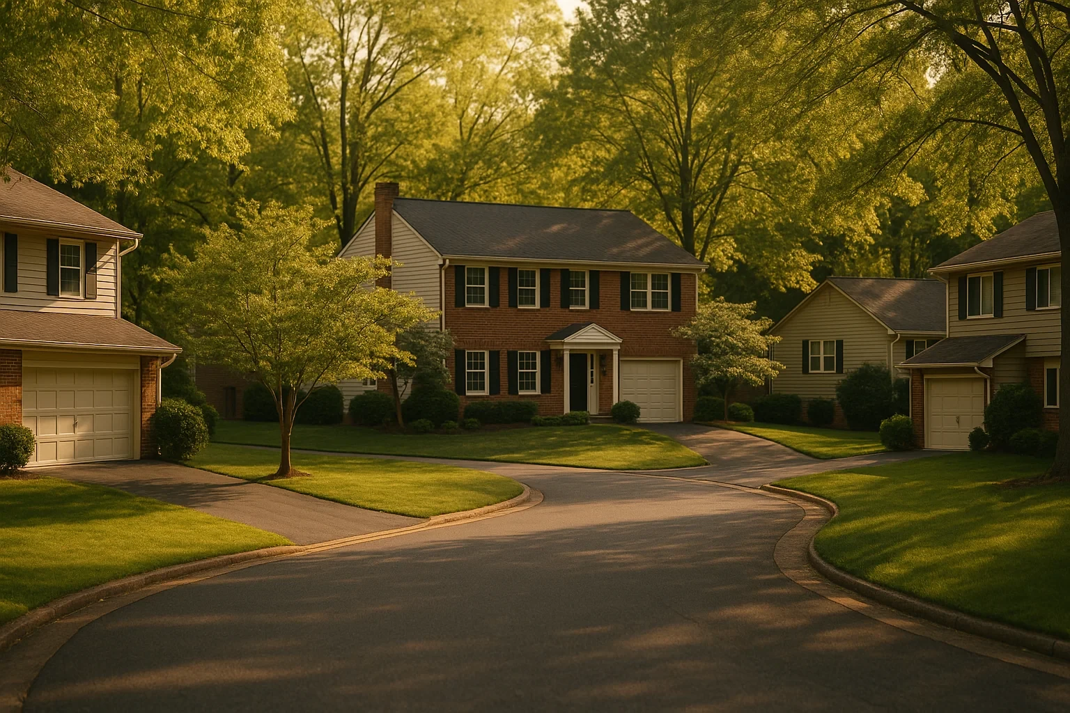 Suburban Montclair neighborhood with brick colonial home, tree-lined street, and well-kept lawns at golden hour