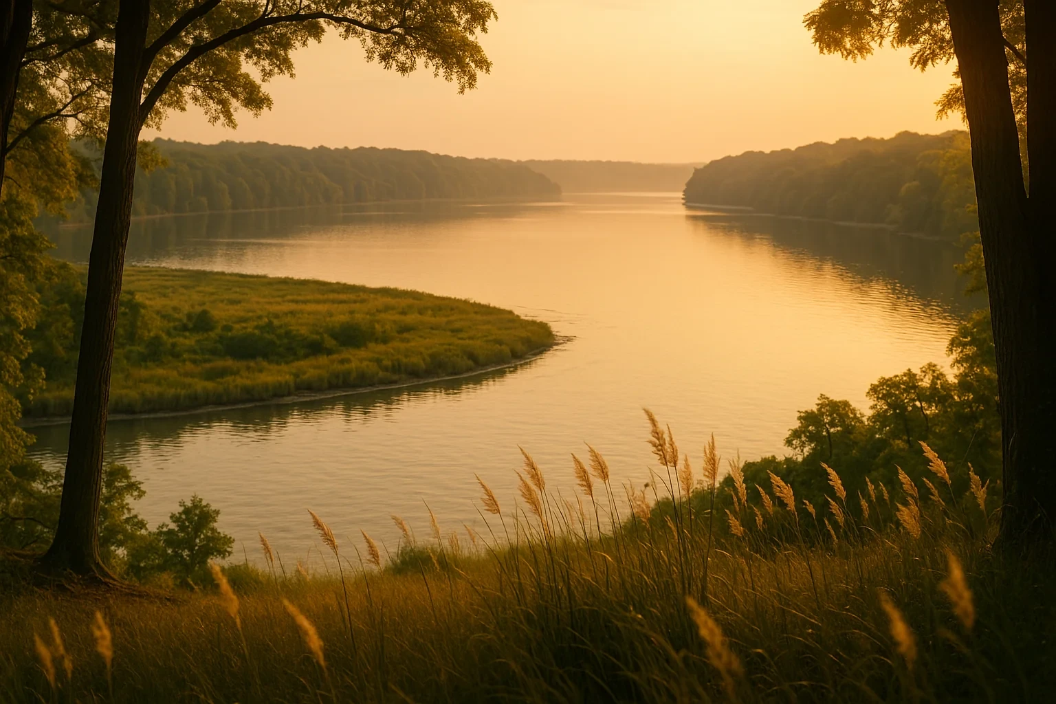 Golden sunset over a winding river bordered by lush forests and tall grasses near Cherry Hill