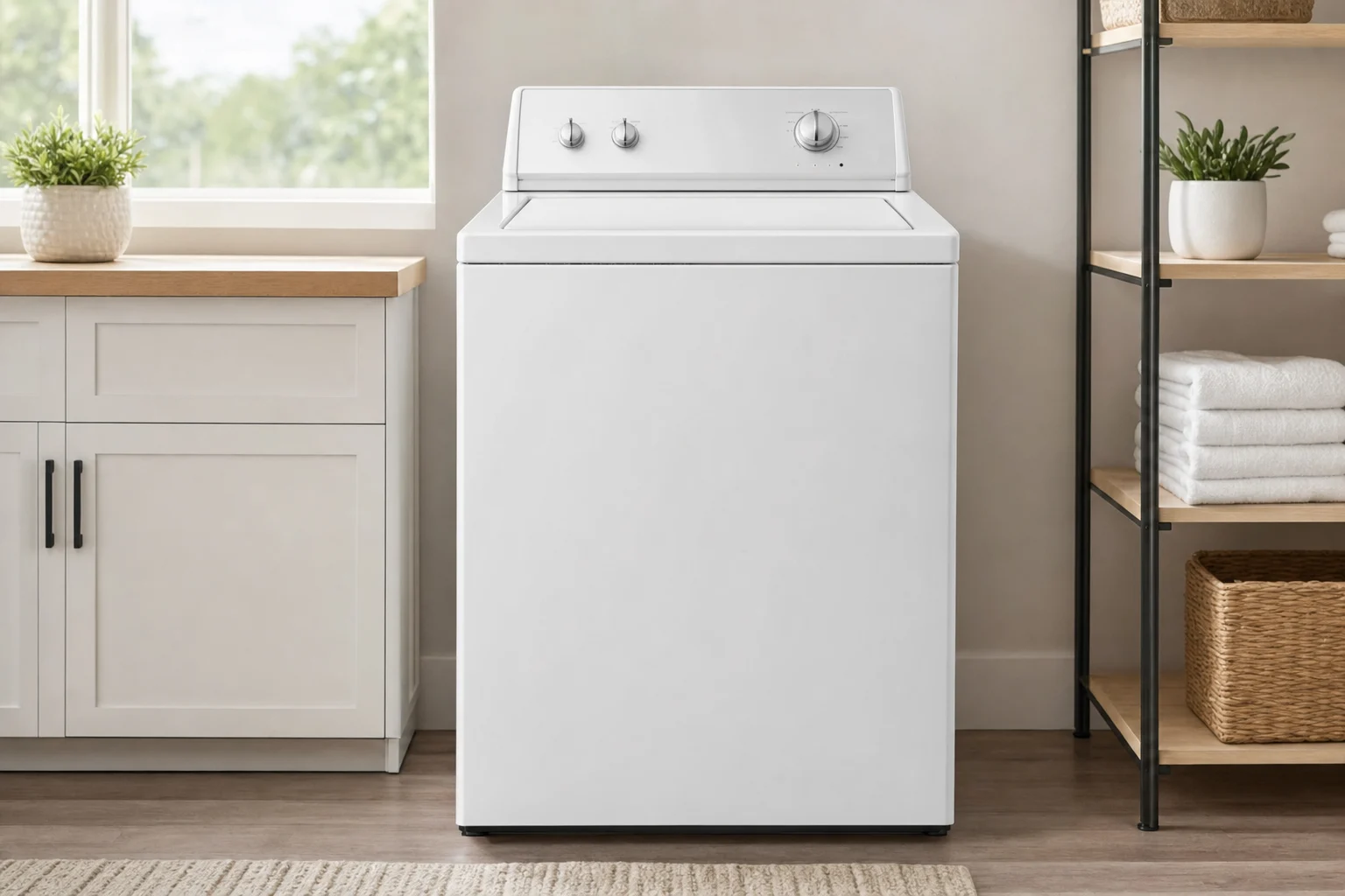 White top-load washing machine in bright modern laundry room with wooden shelving, folded towels, and natural window light