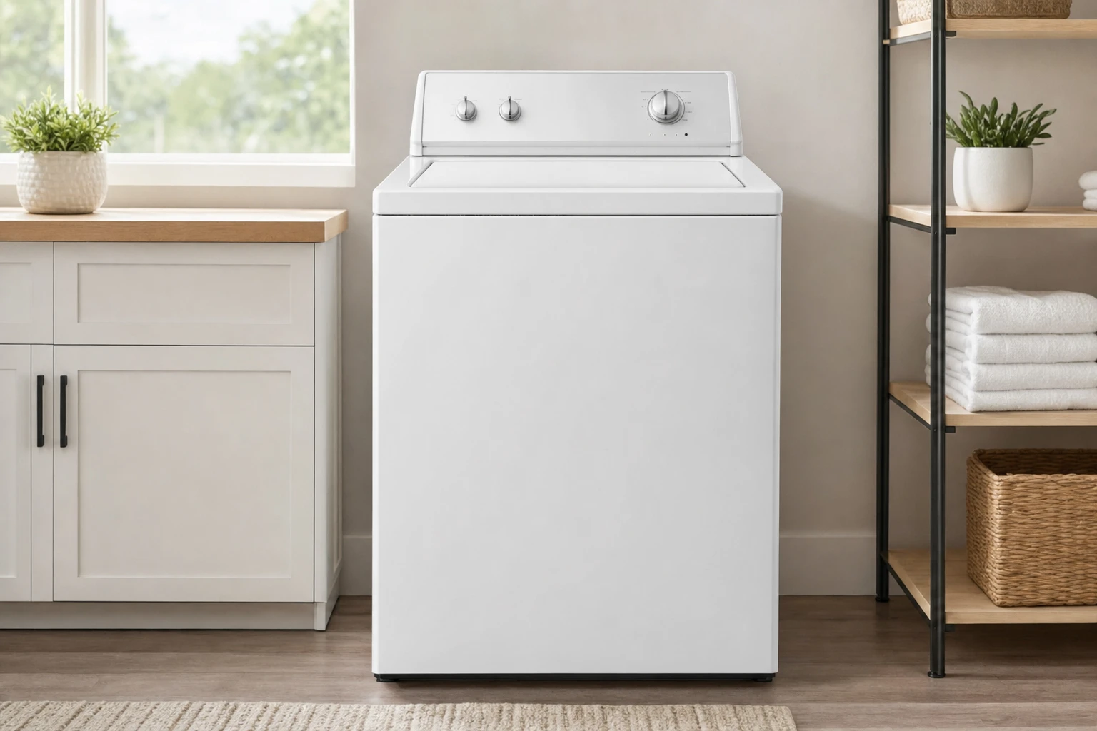White top-load washing machine in bright modern laundry room with wooden shelving, folded towels, and natural window light