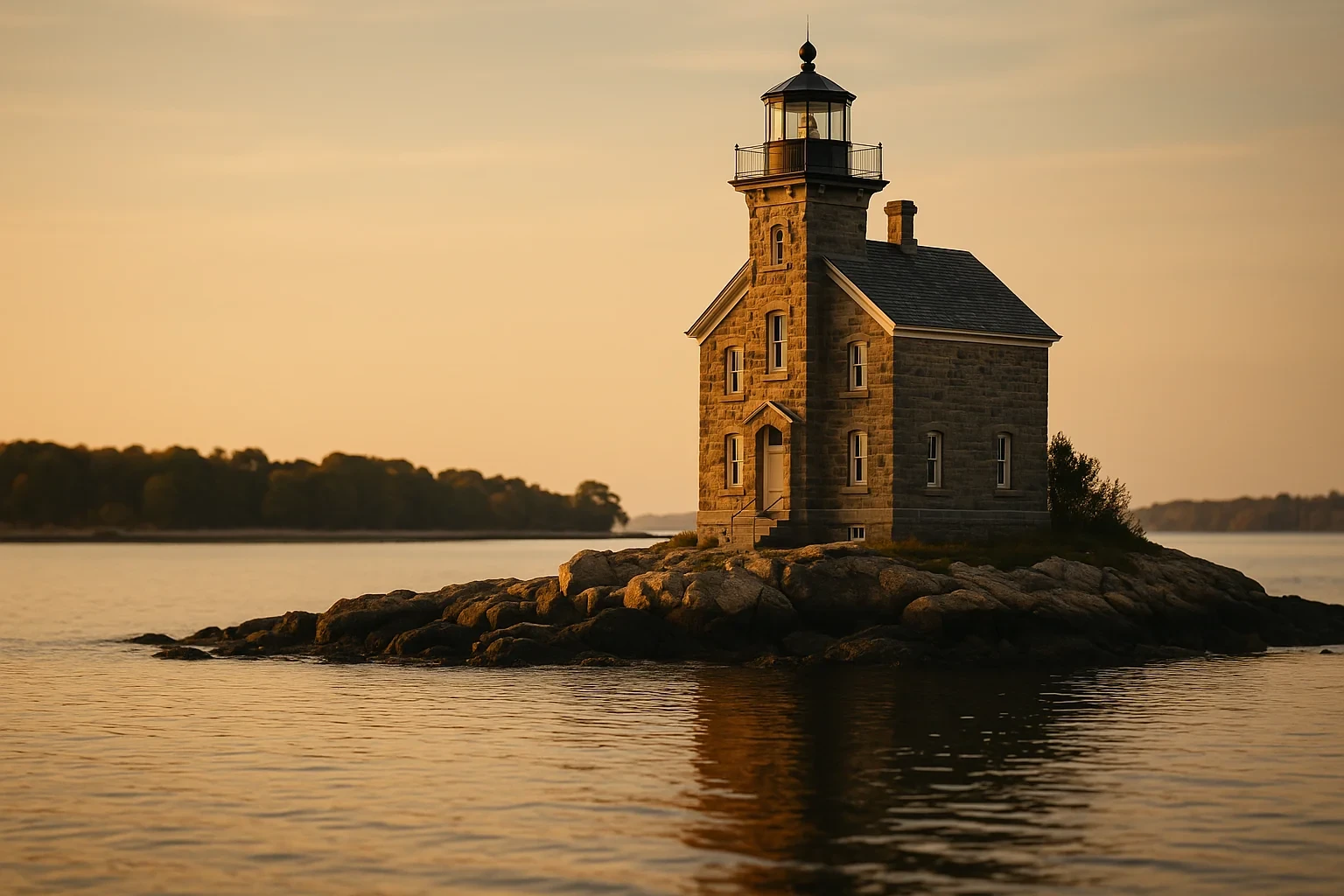 Historic stone lighthouse on a rocky island at golden hour along the Norwalk coastline waters