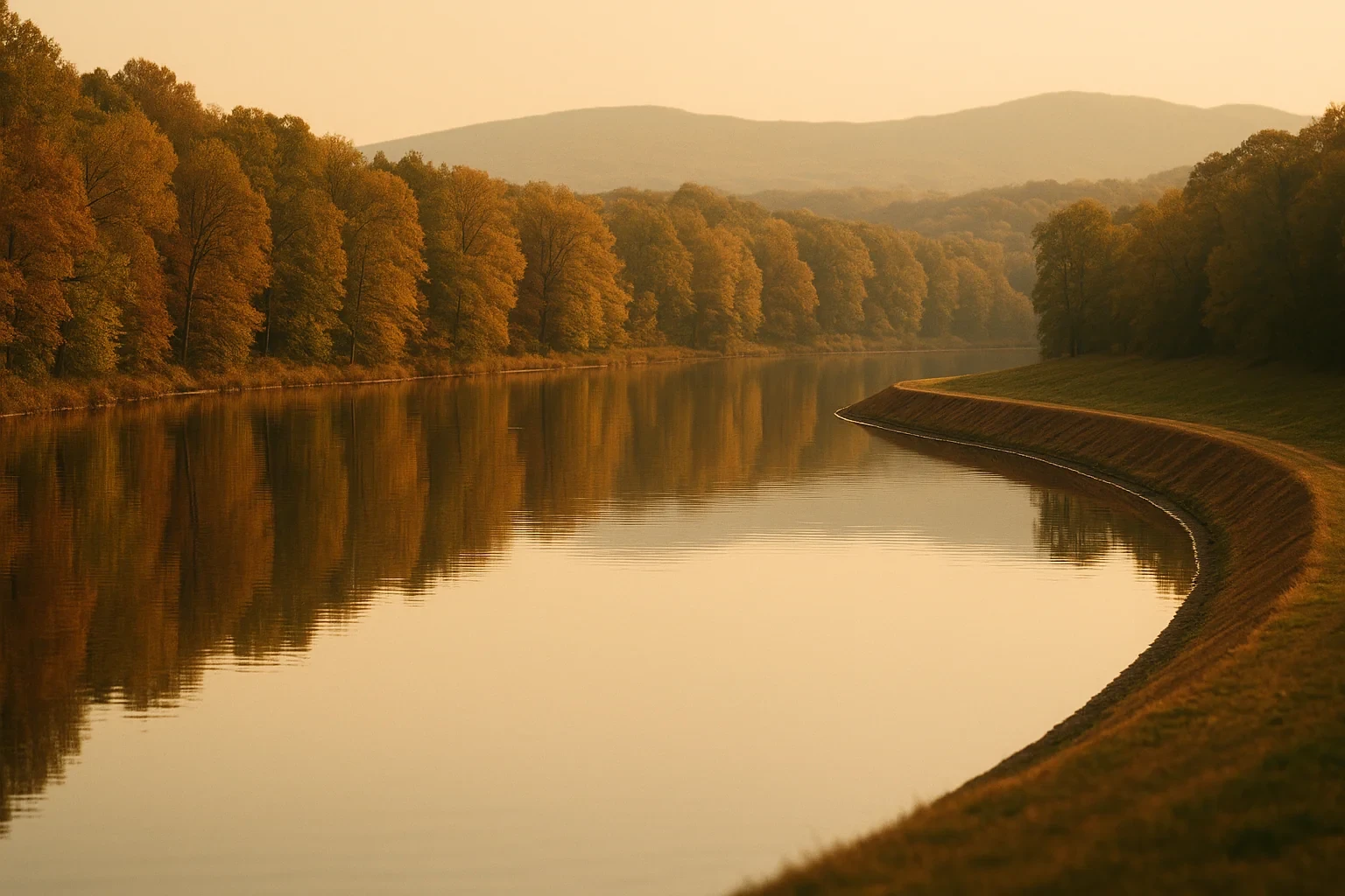 Calm river winding through autumn trees and misty rolling hills at golden hour near Loch Lomond.