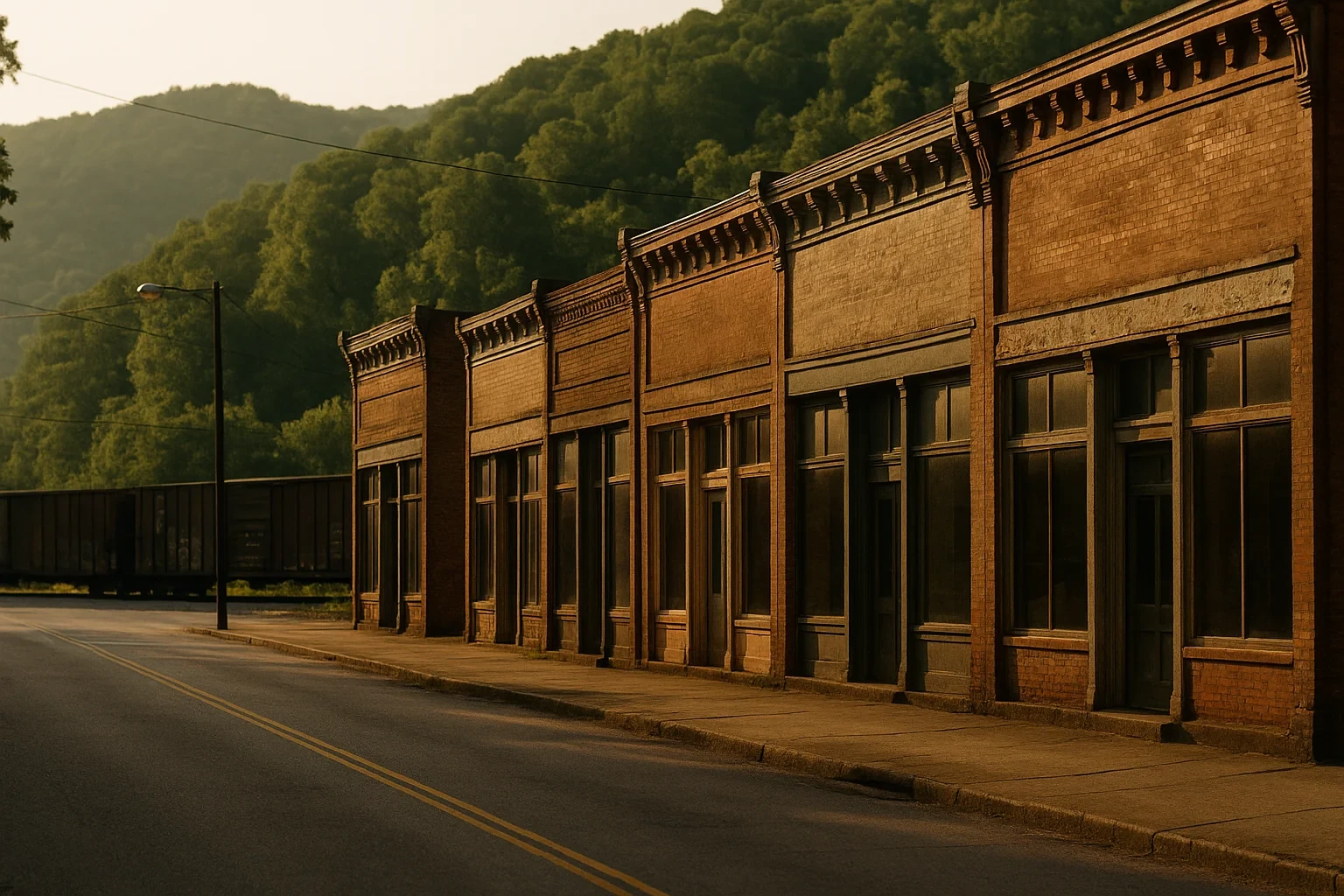Historic brick storefronts line an empty street at golden hour with freight train and forested hills in Rockwood