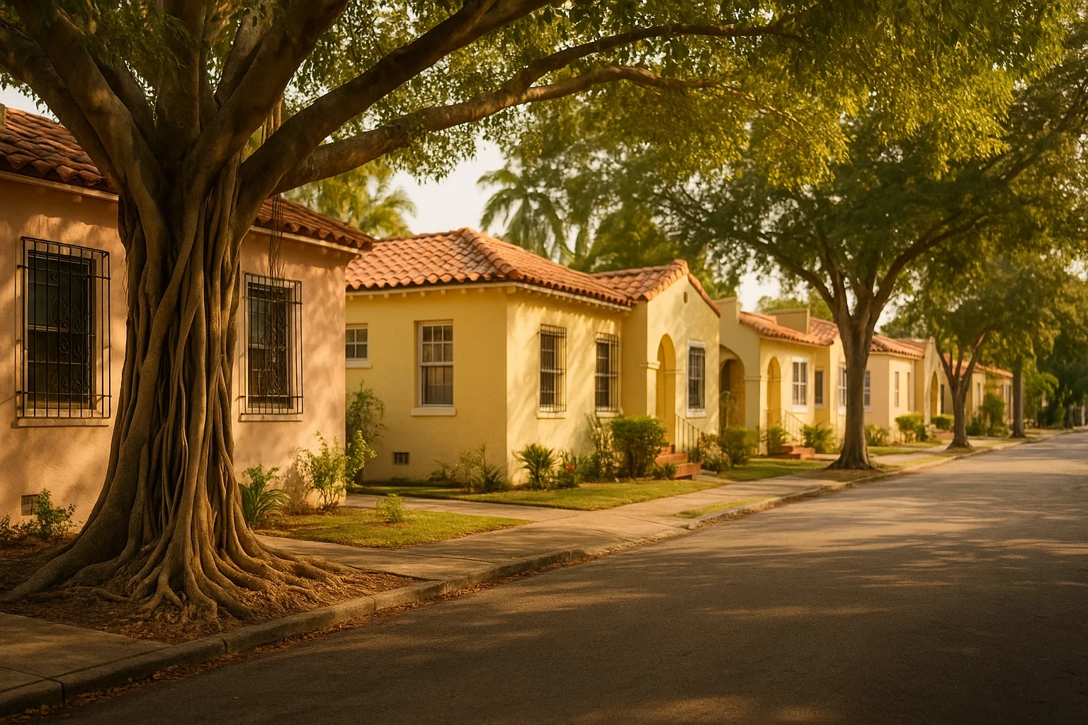 Sunlit yellow stucco homes with terracotta tile roofs line a tree-shaded street in Miami.