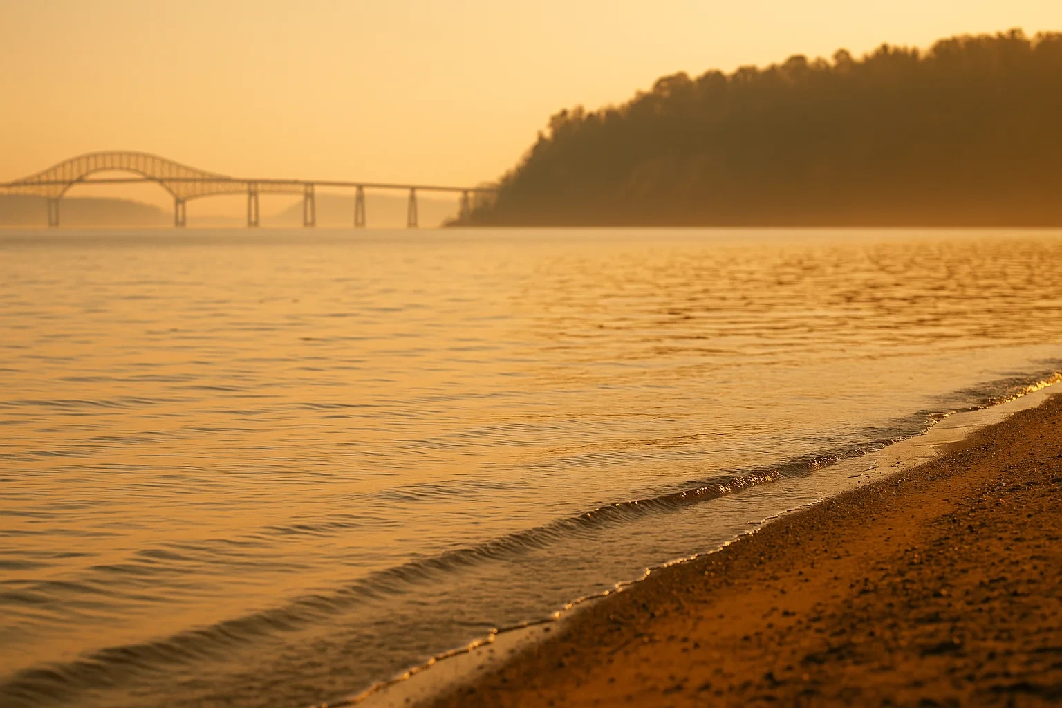 Golden sunset over calm water with arched bridge and forested hillside near sandy shoreline in Dahlgren