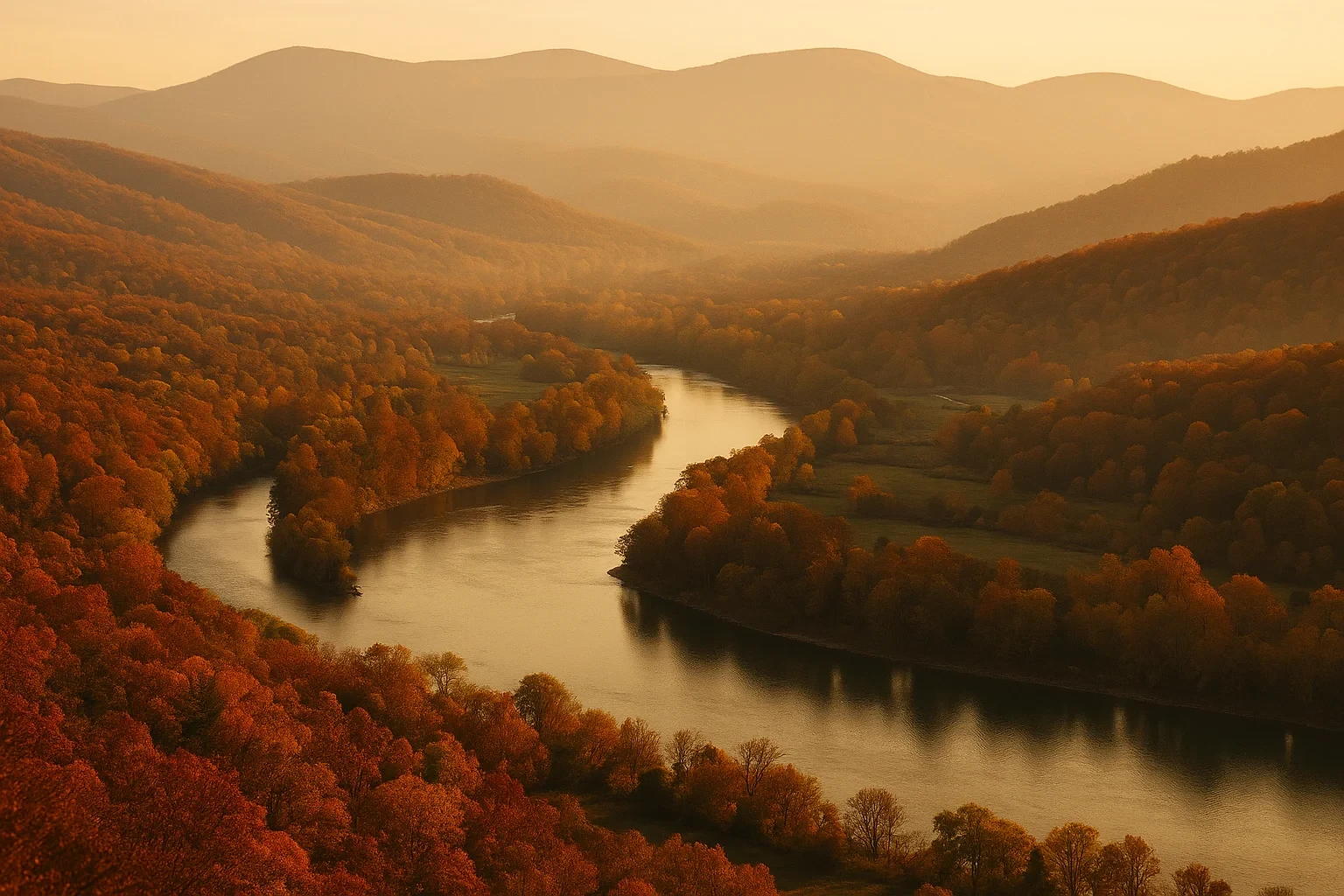 Scenic autumn view of a winding river through forested mountains at sunset near Front Royal