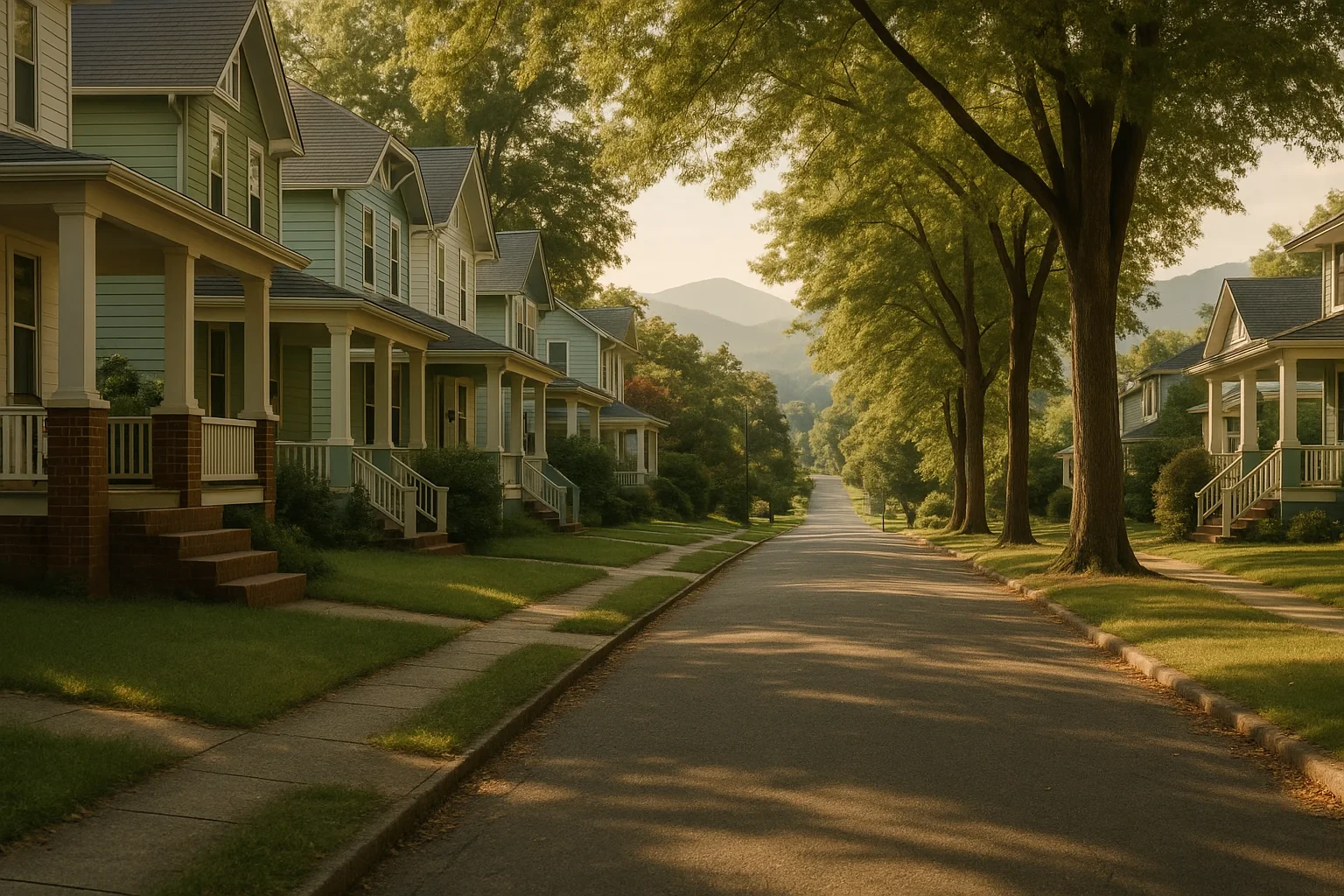 Tree-lined residential street with green craftsman homes and front porches near mountains in Buena Vista
