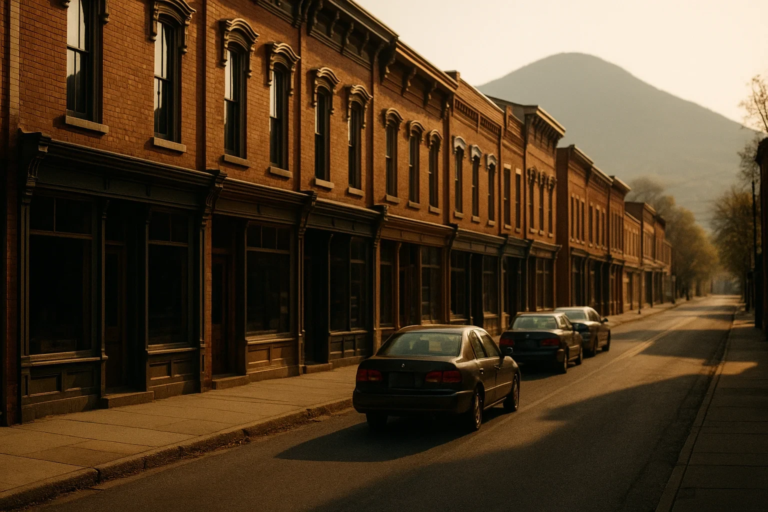 Historic brick storefronts line a quiet downtown street with a mountain backdrop in Strasburg at golden hour