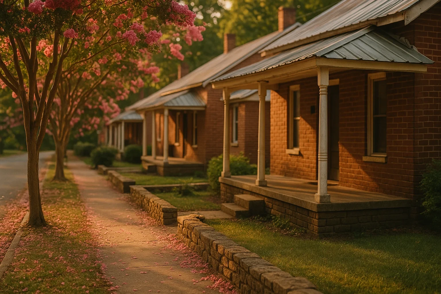 Row of brick cottages with covered porches along a sidewalk lined with blooming crepe myrtles in Belmont