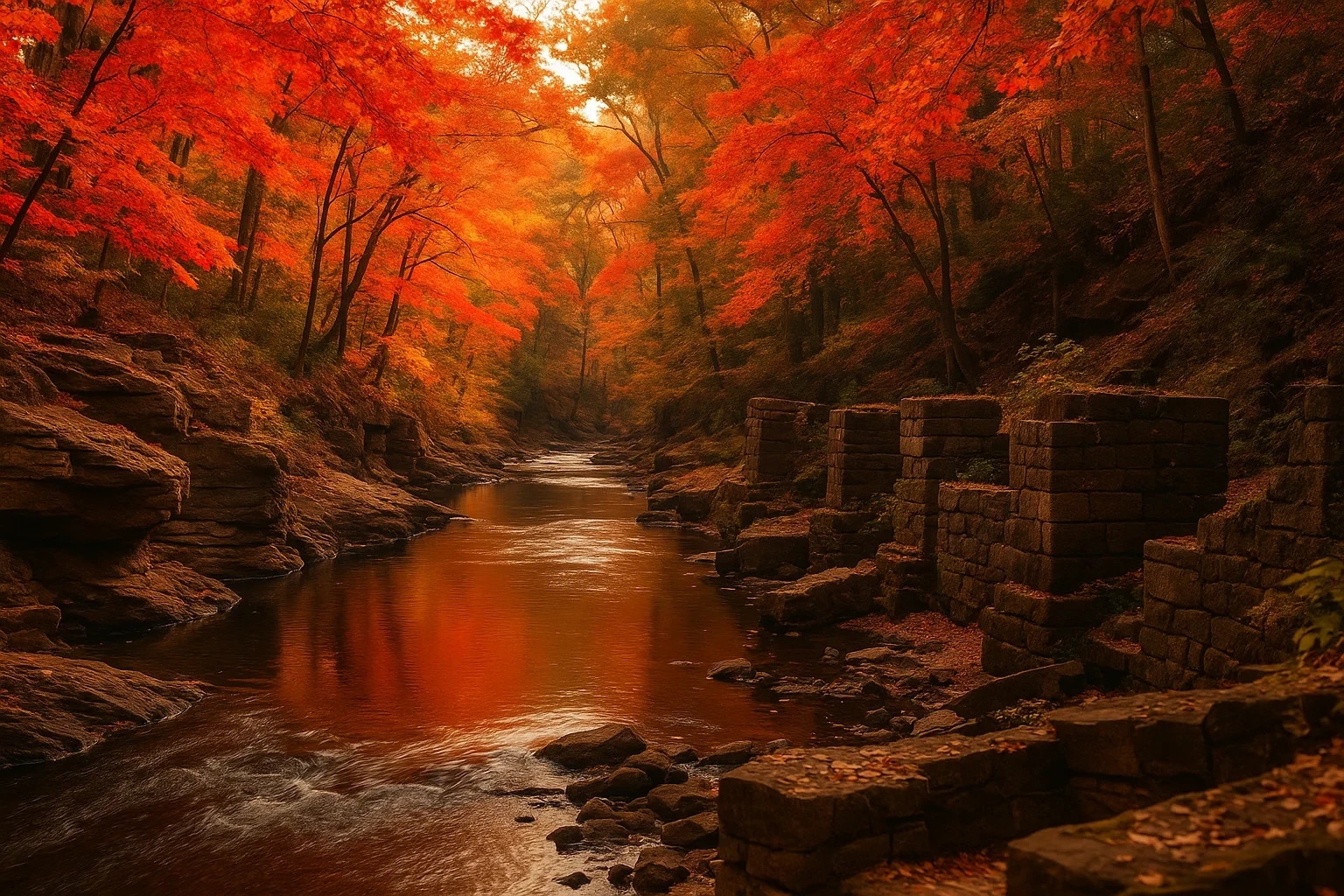 Vibrant autumn foliage over a tranquil river with stone ruins along the bank near Sherwood Manor.