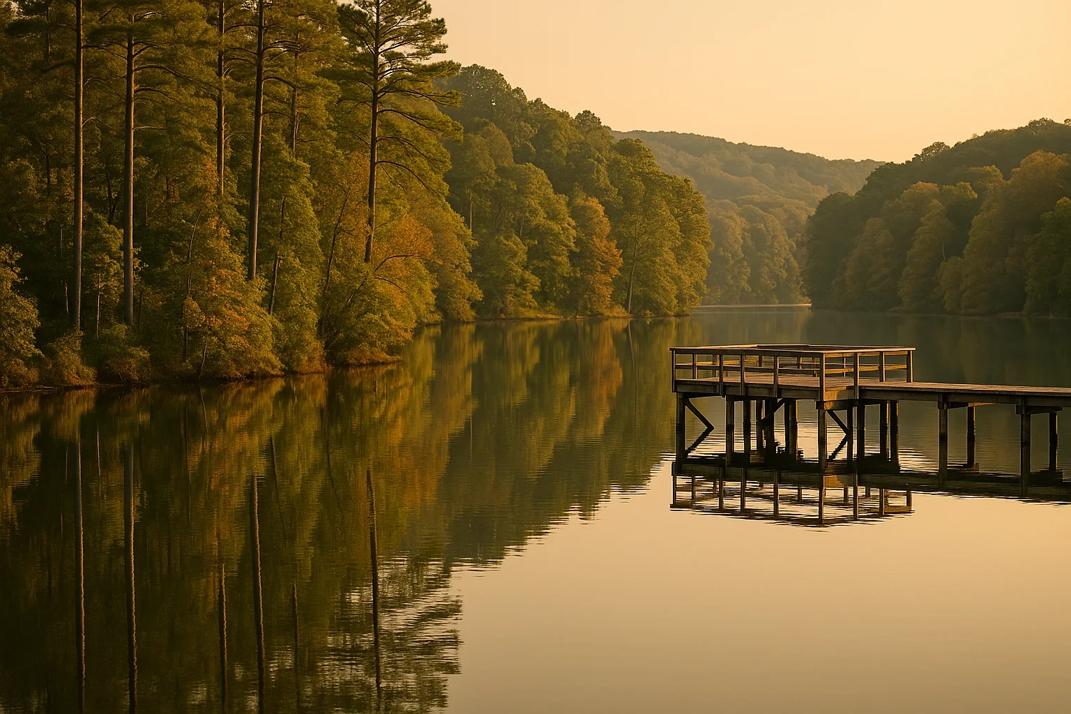 Tranquil Springfield lake at golden hour with wooden dock, forested hillsides, and mirror-like water reflections