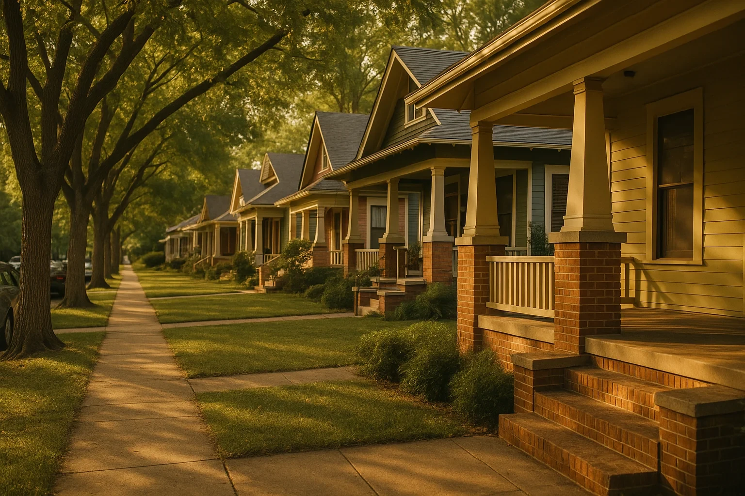 Tree-lined sidewalk with craftsman bungalow homes and brick porches in a Fort Worth neighborhood at golden hour