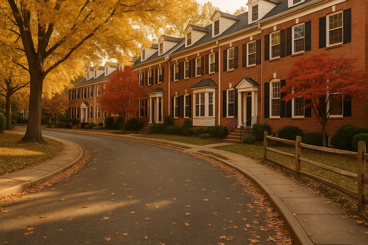 Brick townhomes line a curving autumn street with golden and red foliage in a Fair Oaks neighborhood