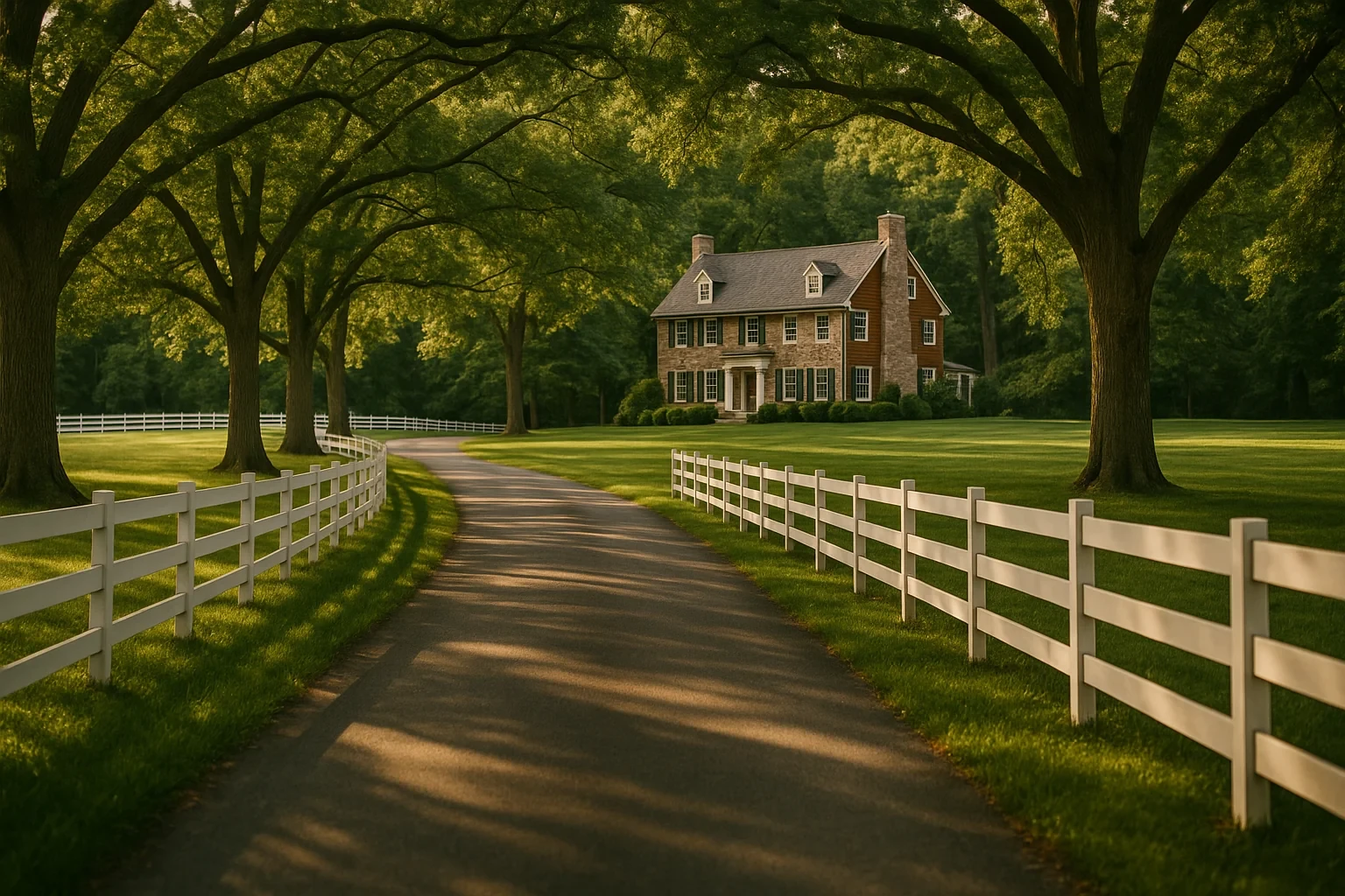 Tree-lined driveway with white wooden fences leading to a stately colonial home in Great Falls