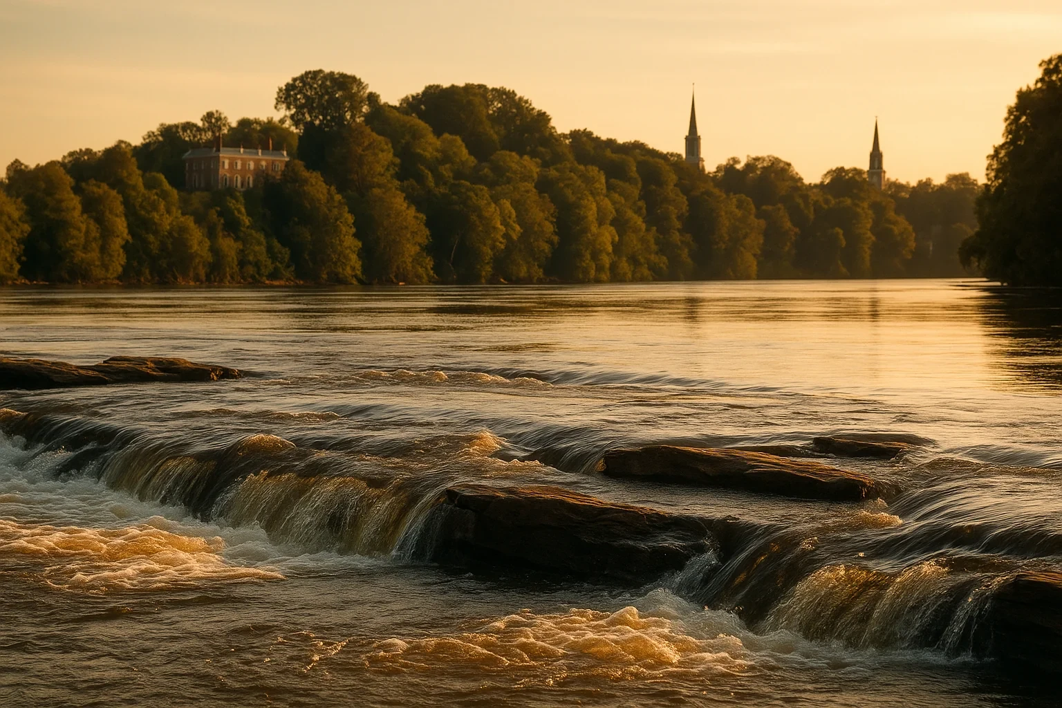 Golden sunset over Fredericksburg river with cascading rapids, historic mansion, and church spires among wooded shoreline.