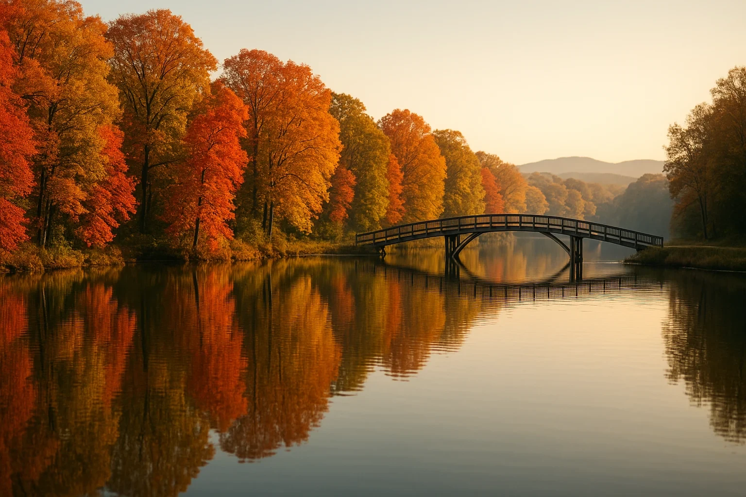 Wooden arched bridge over a calm lake reflecting vibrant autumn foliage near Kings Park West at golden hour