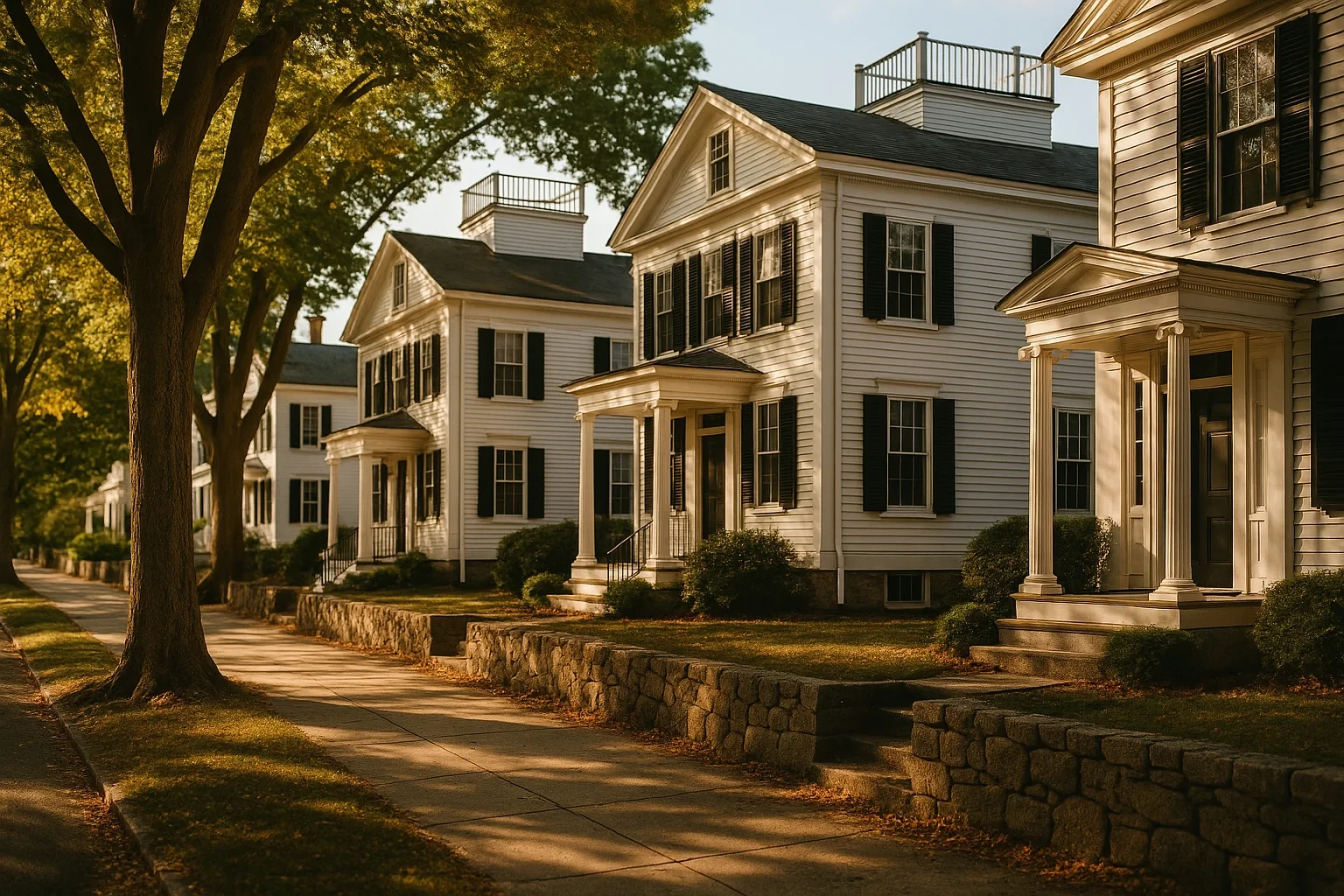 Historic white colonial homes with black shutters line a tree-shaded street in New London at golden hour