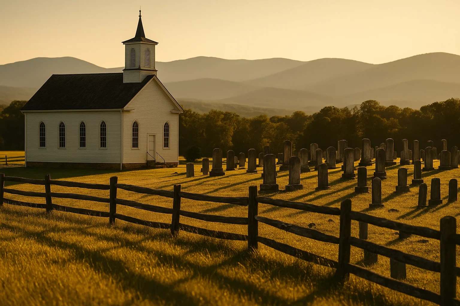 Historic white steepled church beside cemetery with rolling Blue Ridge mountains at sunset near Stuarts Draft