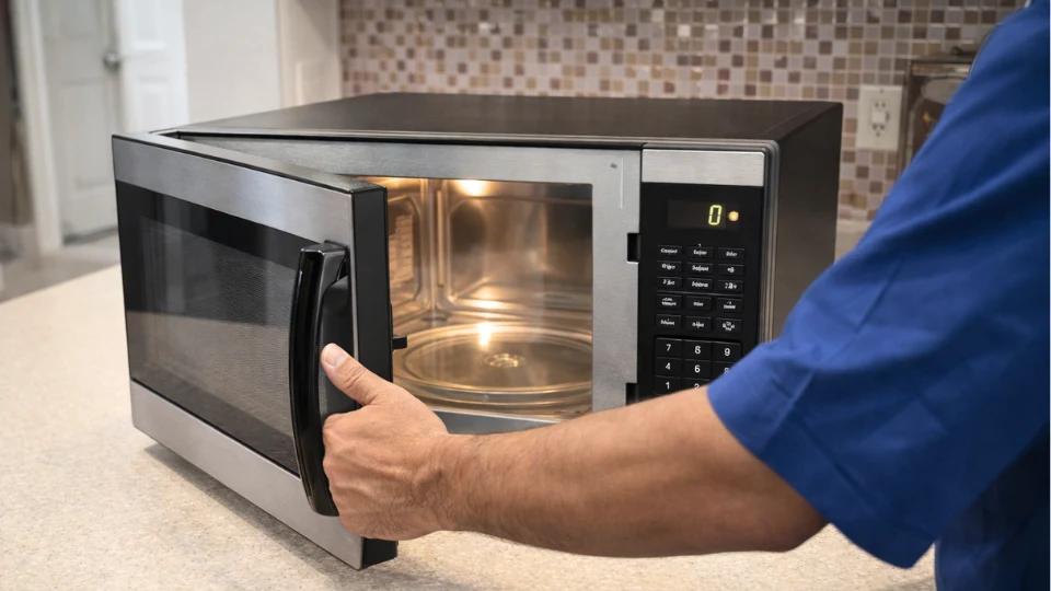Technician inspecting built-in microwave