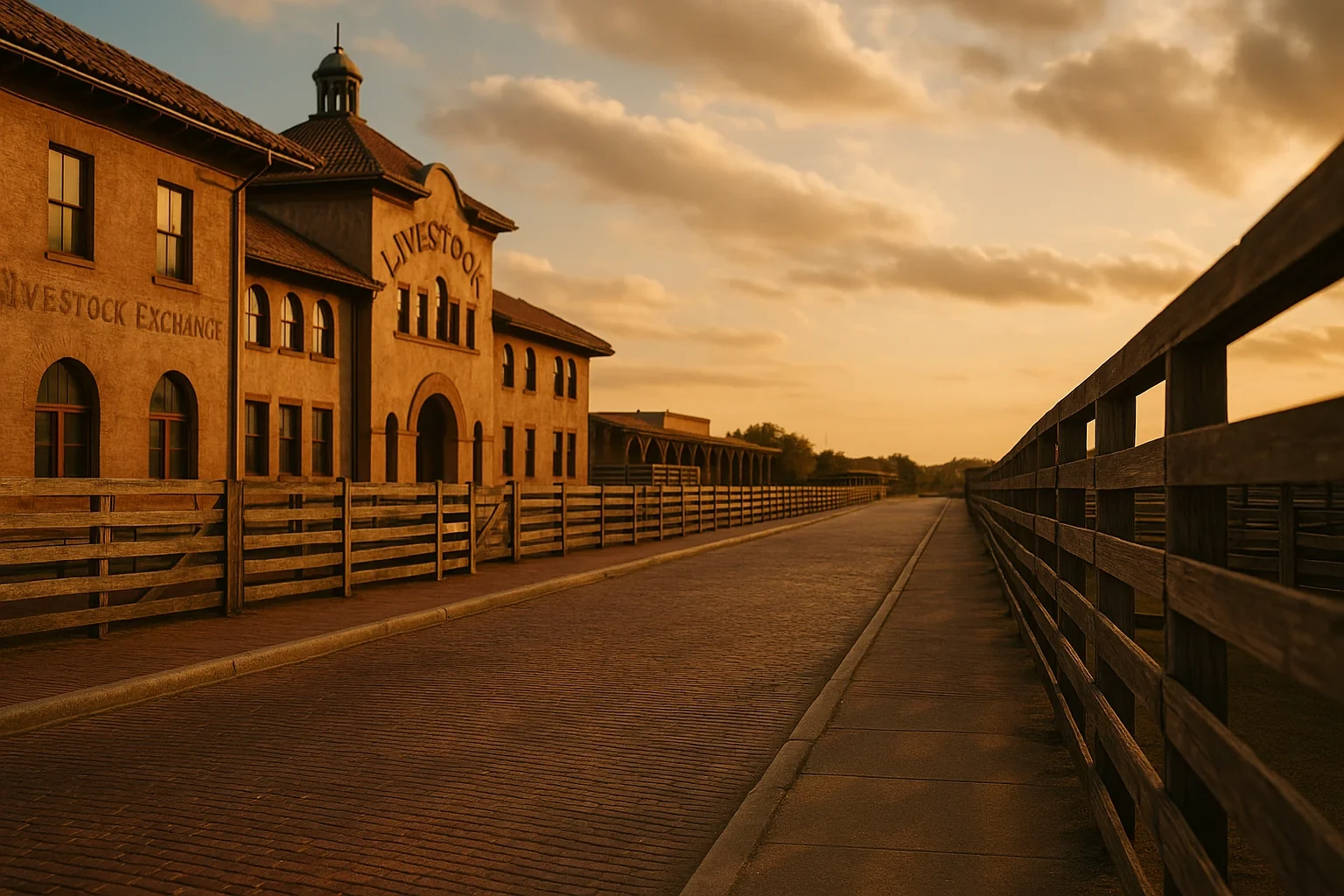 Historic Livestock Exchange building and wooden stockyard fences at golden hour in Fort Worth