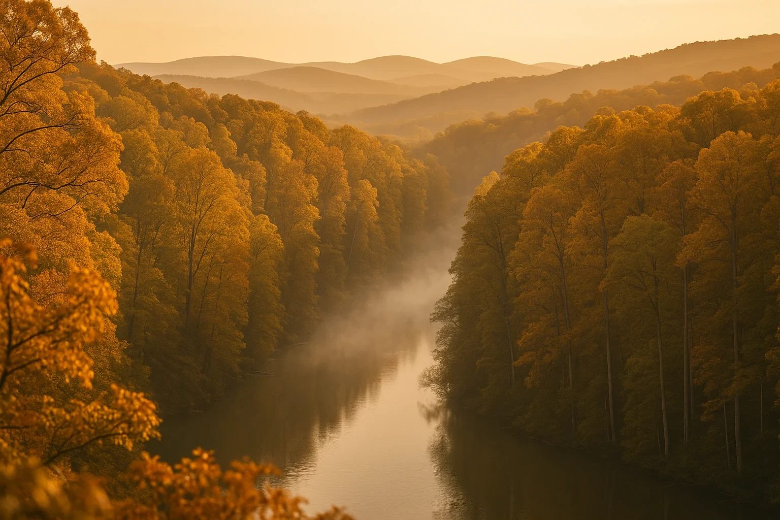 Misty river winding through golden autumn forest with rolling hills at sunrise near Independent Hill